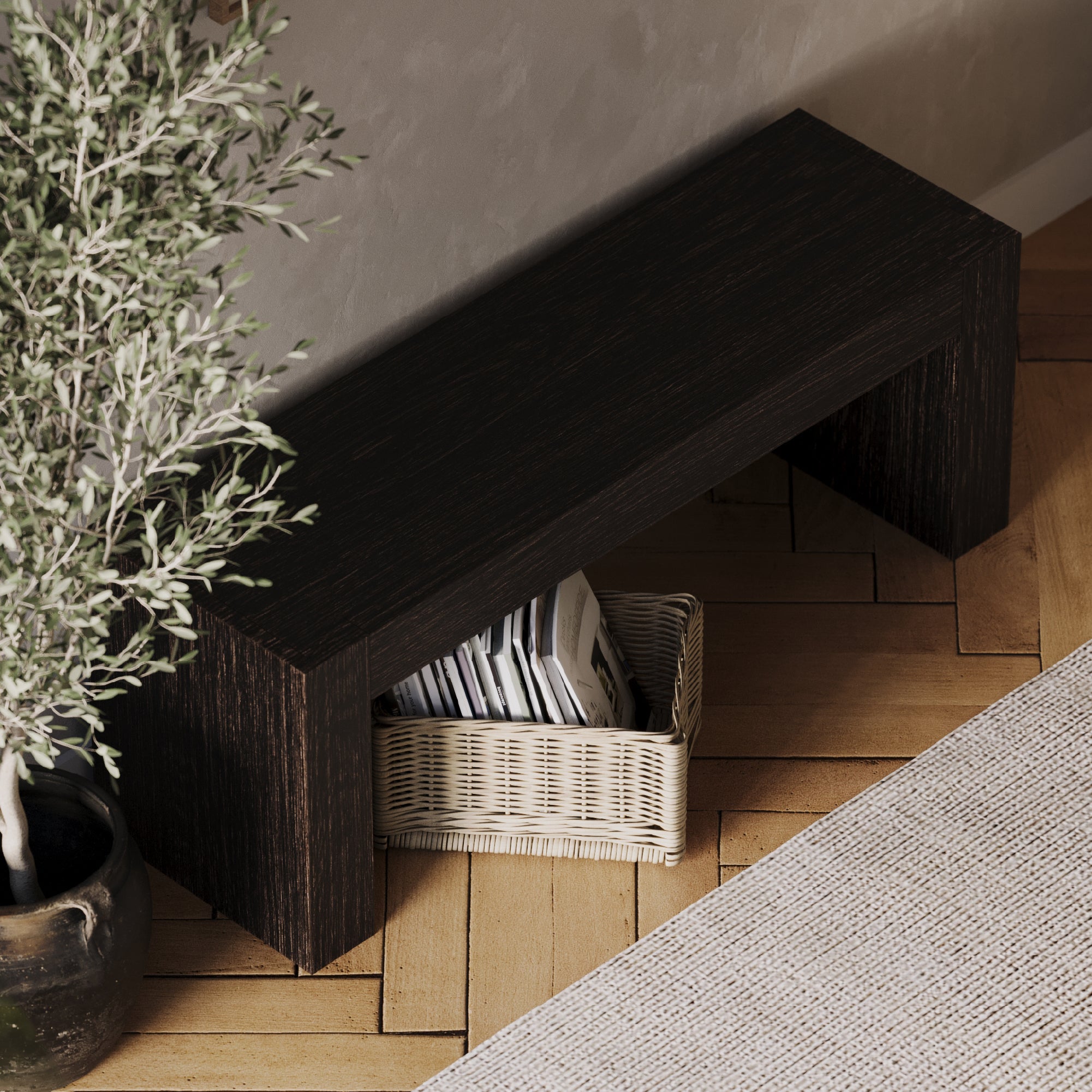 Zeno Organic Wooden Bench in Weathered Brown Finish in Bench by Maven Lane