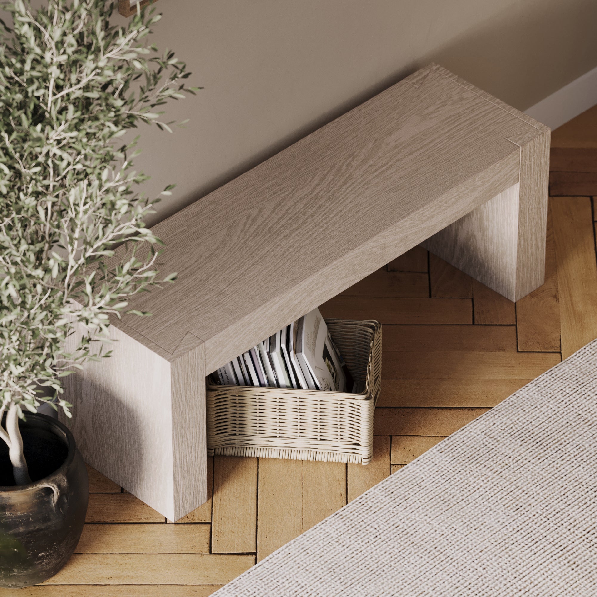 Zeno Organic Wooden Bench in Weathered Grey Finish in Bench by Maven Lane