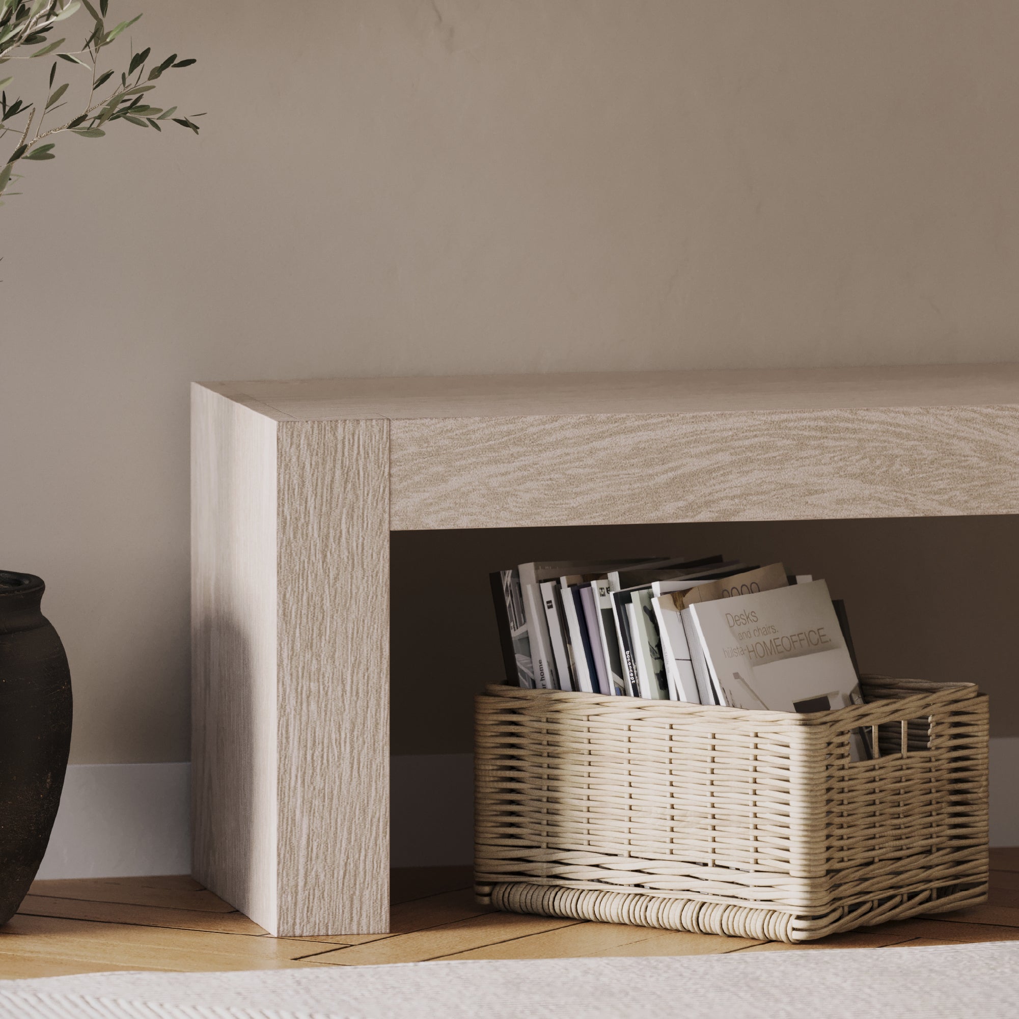 Zeno Organic Wooden Bench in Weathered Grey Finish in Bench by Maven Lane