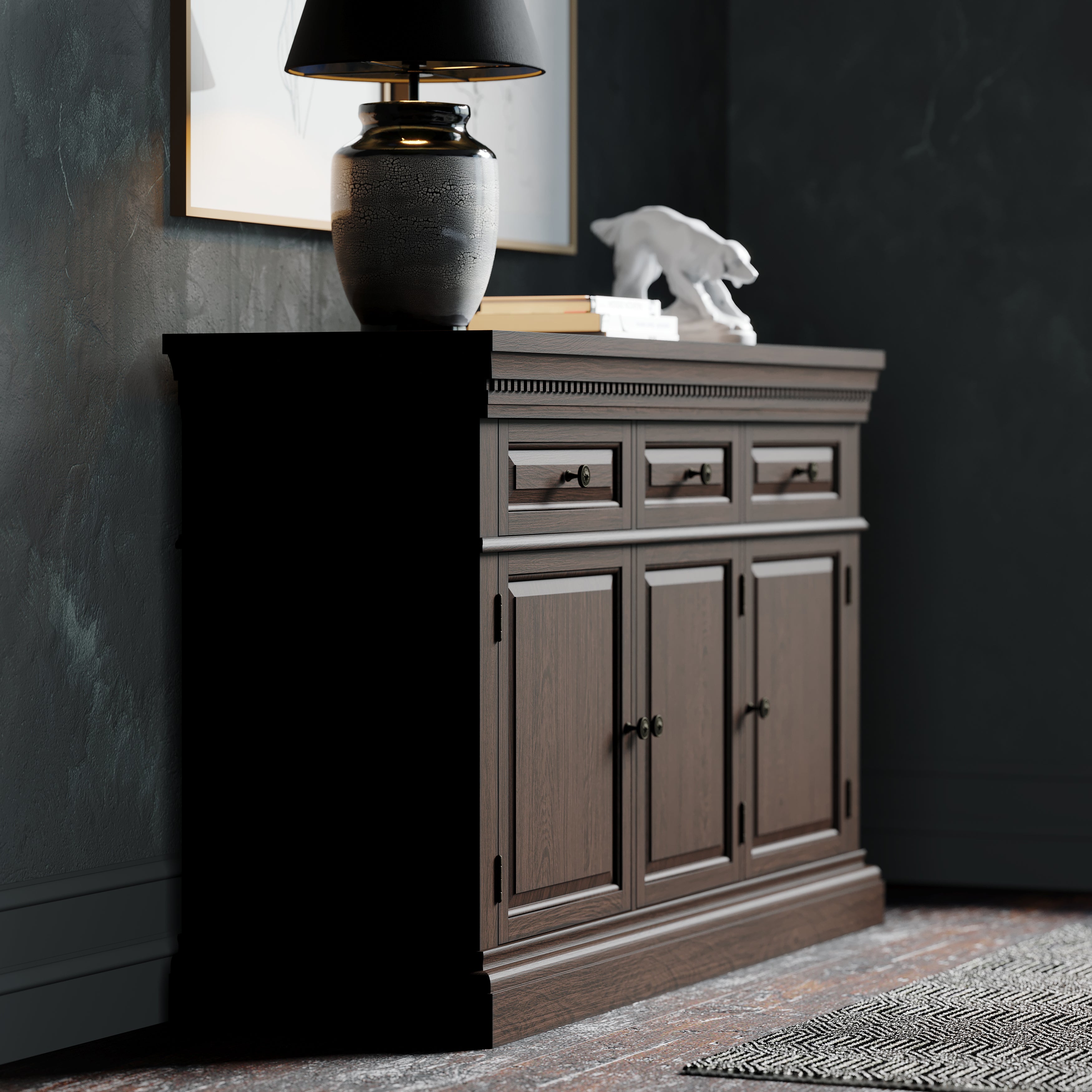Theo Classical Wooden Sideboard in Antiqued Brown Finish