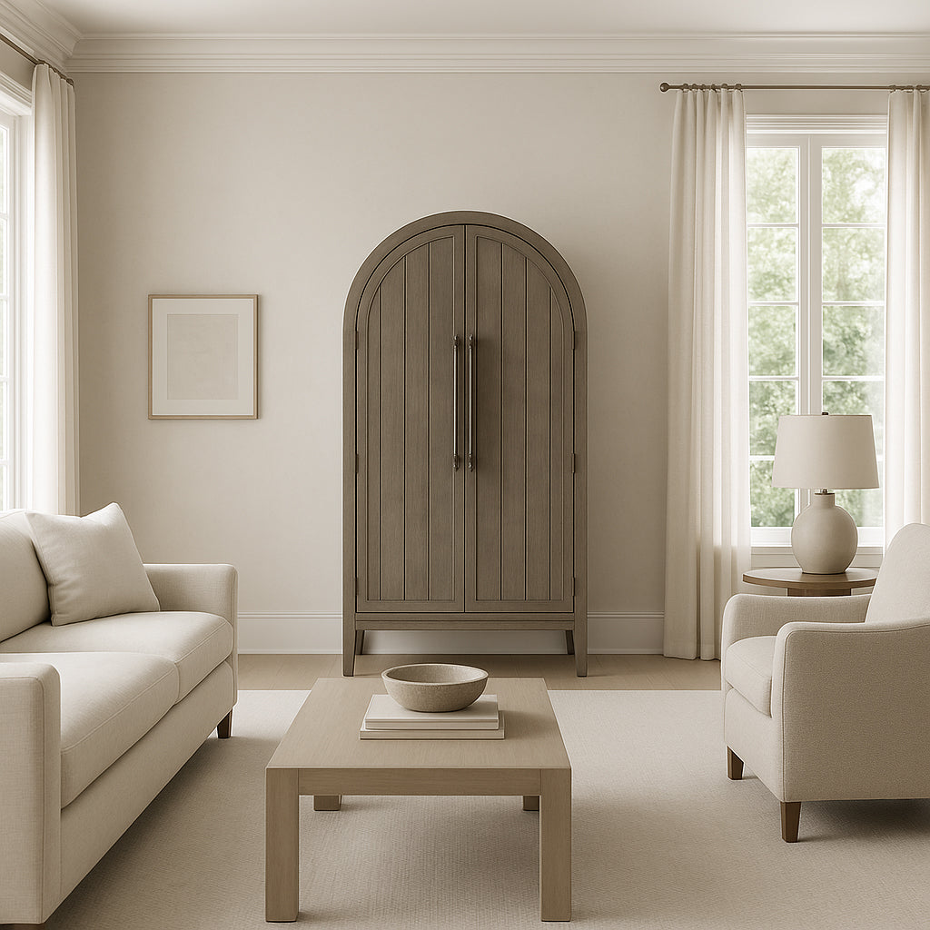 Selene Arched Wooden Cabinet in Grey Finish in Storage Cabinet by Maven Lane