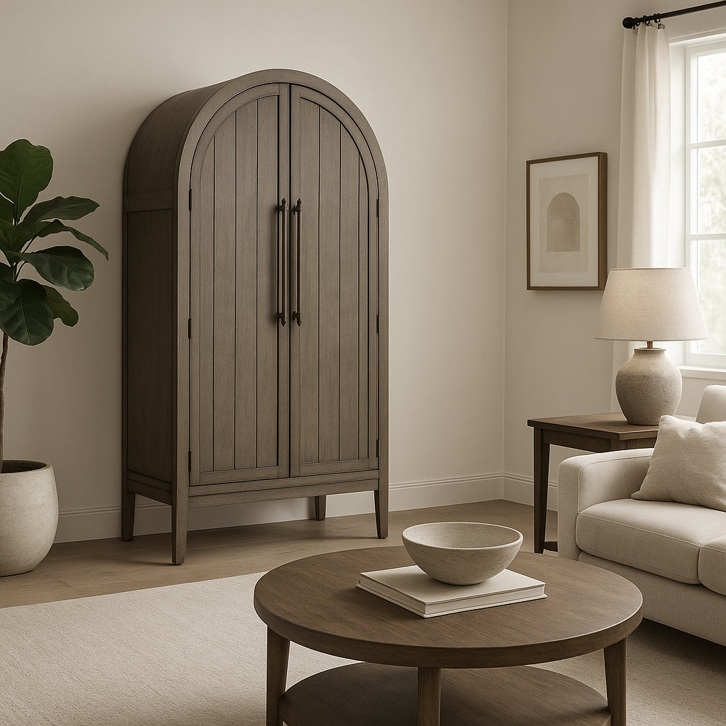 Selene Arched Wooden Cabinet in Grey Finish in Storage Cabinet by Maven Lane