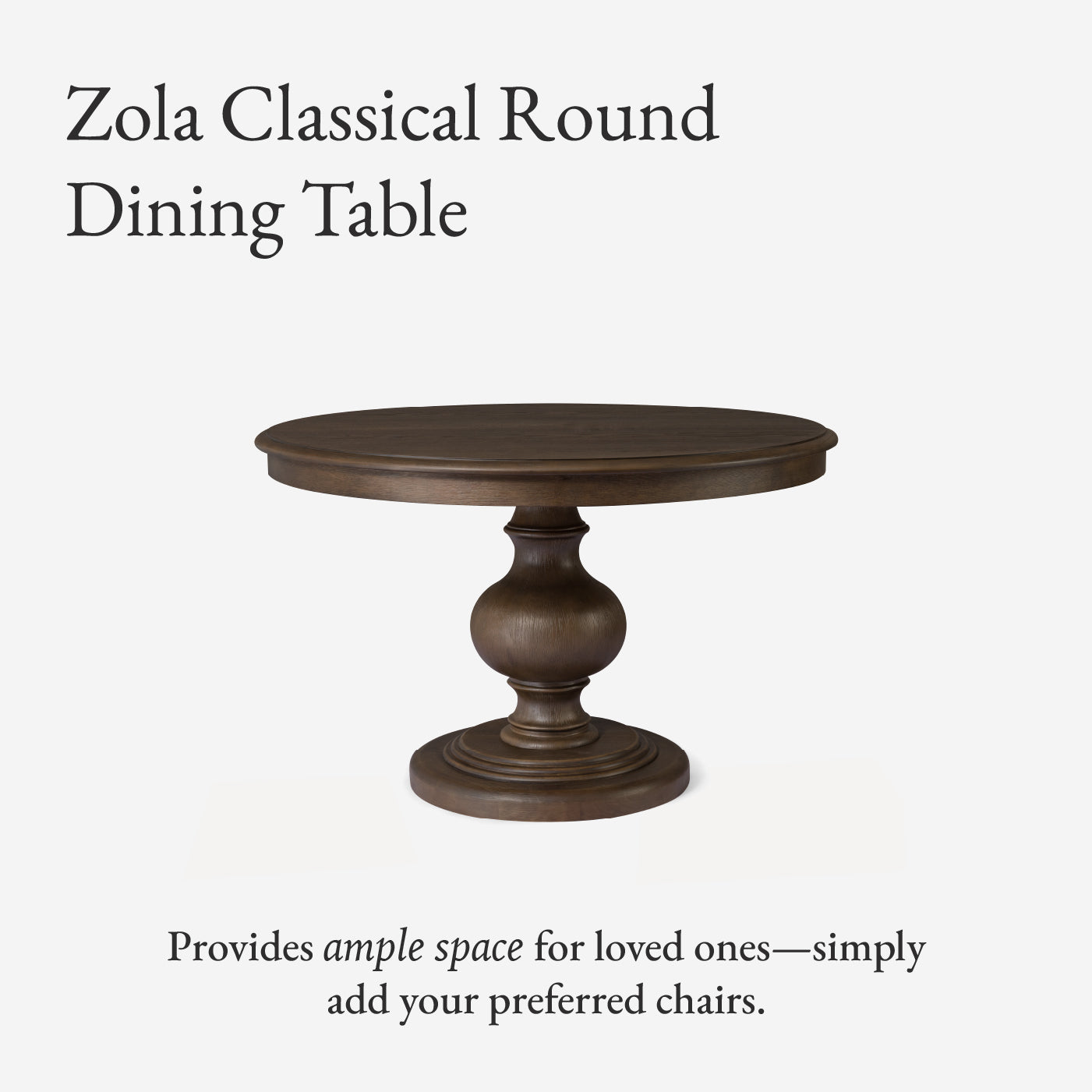 Zola Classical Round Wooden Dining Table in Antiqued Brown Finish in Dining Table by Maven Lane