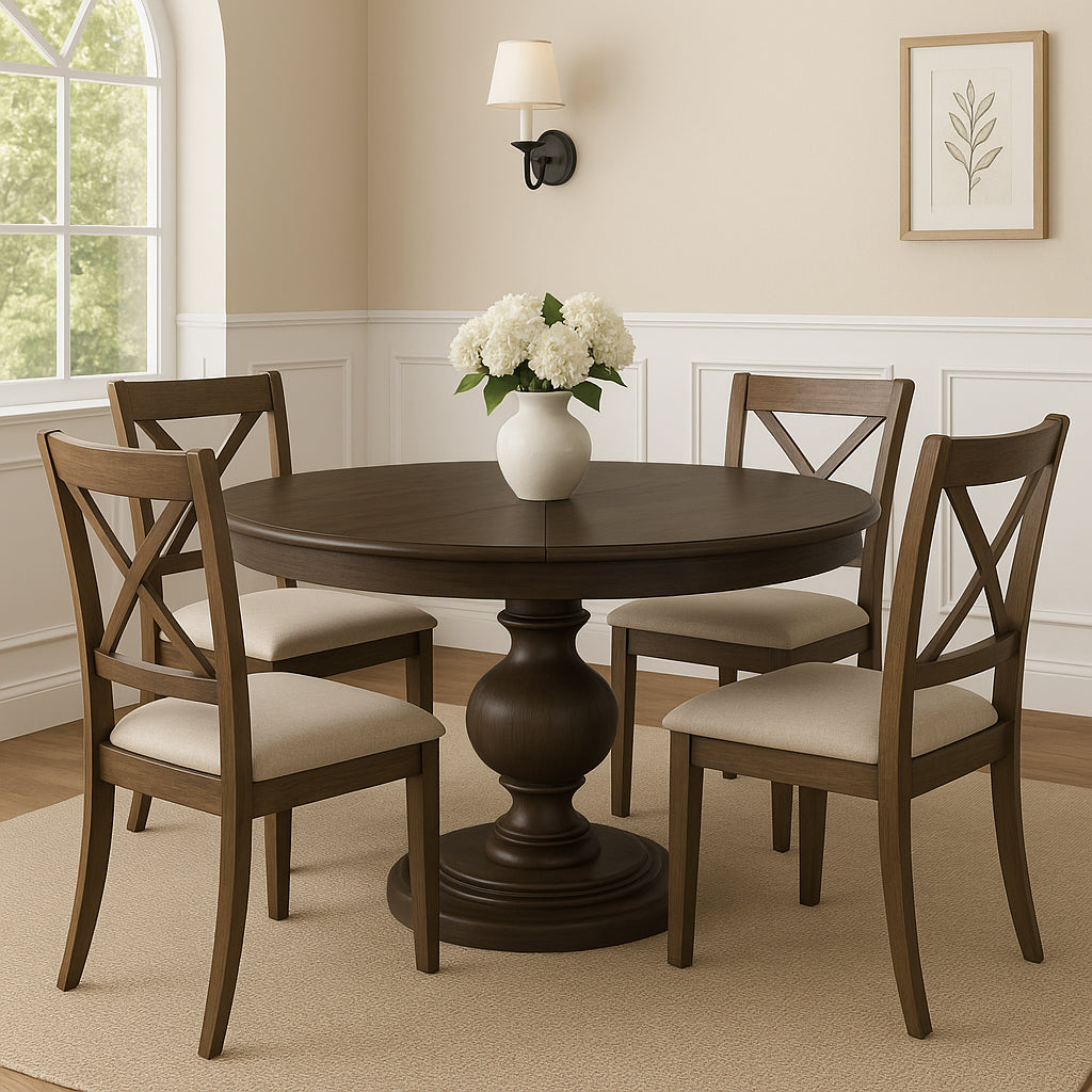 Zola Classical Round Wooden Dining Table in Antiqued Brown Finish in Dining Table by Maven Lane