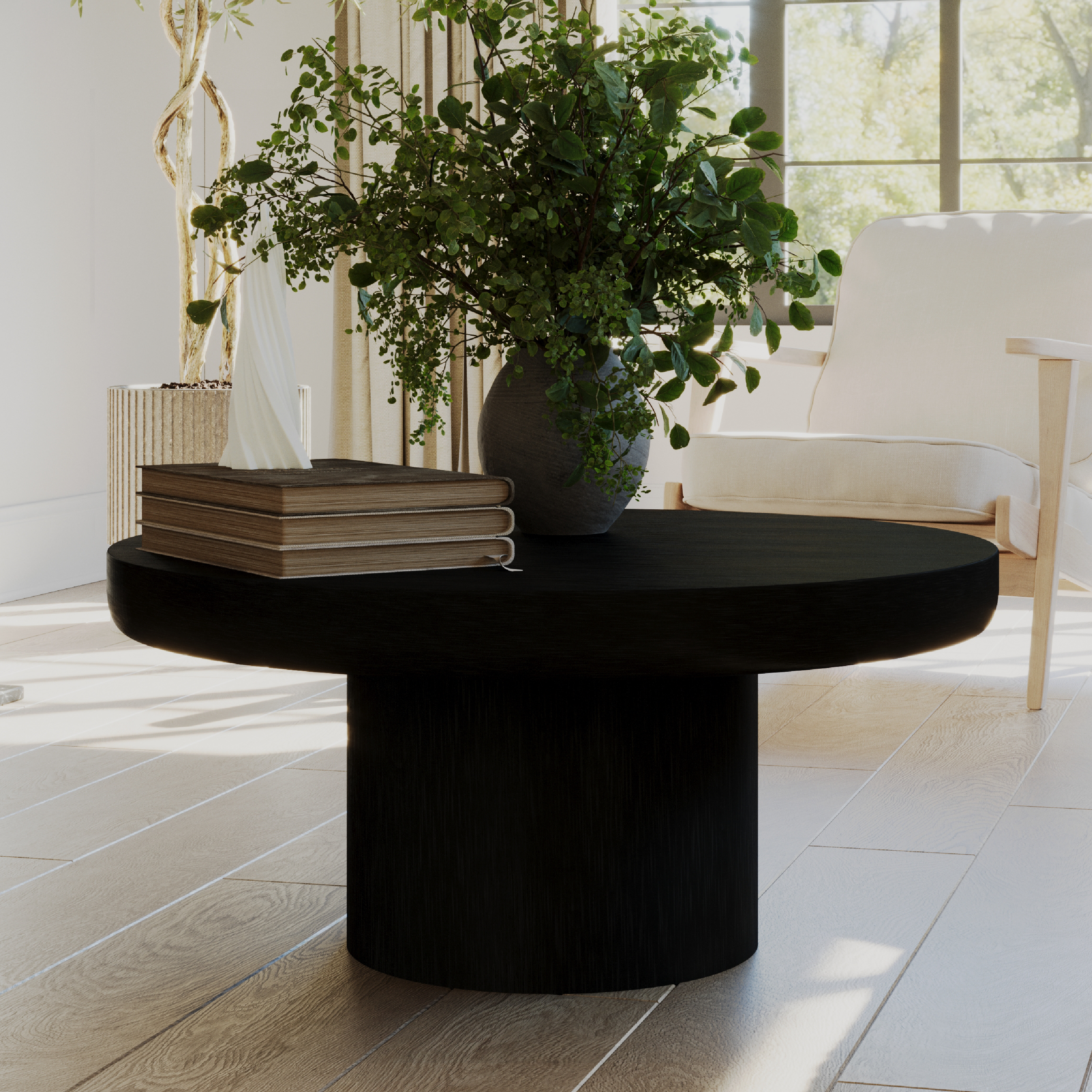 Owen Rustic Circular Wooden Coffee Table in Aged Black Finish in Coffee Table by Maven Lane
