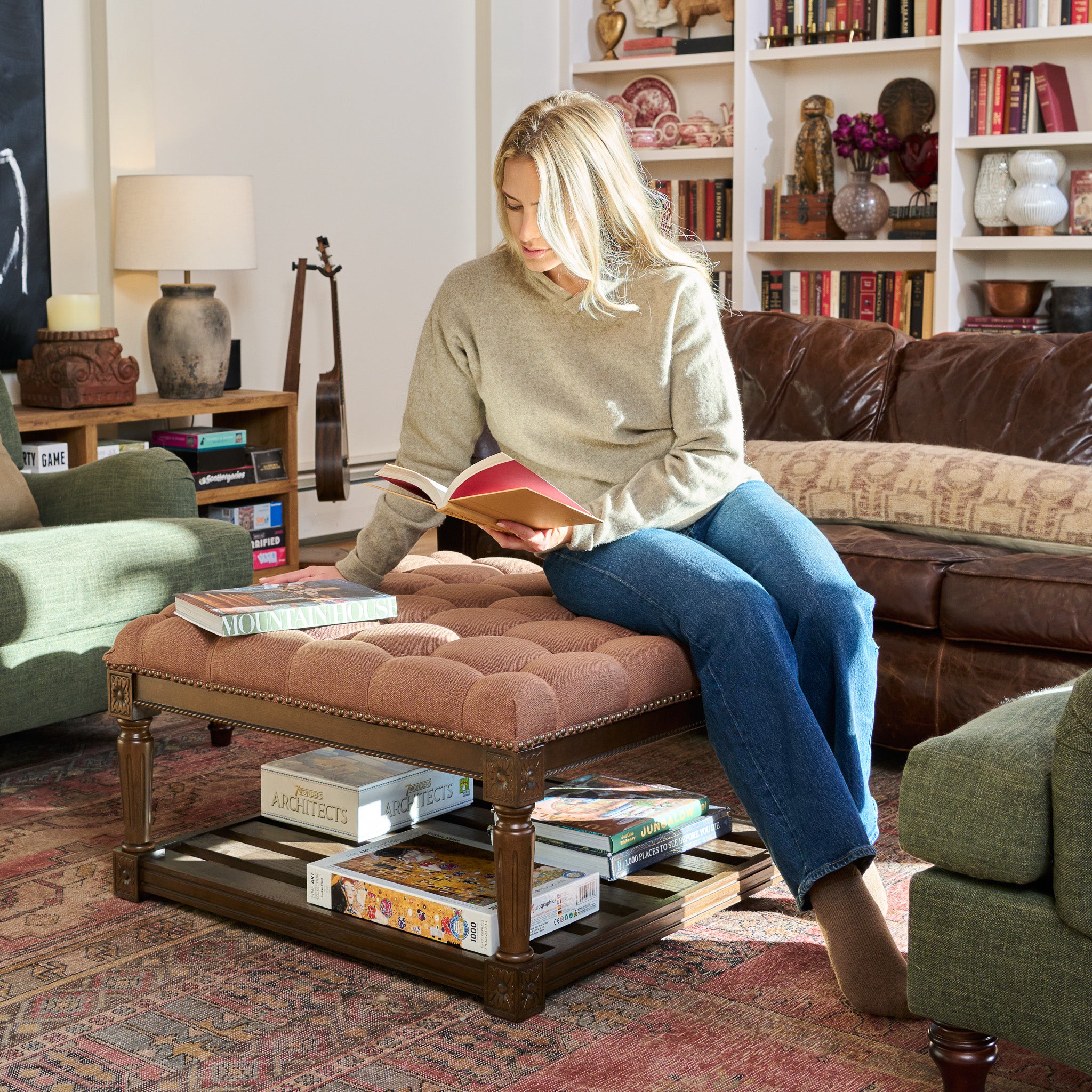 Mesa Square Upholstered Coffee Table in Brown Finish and Brown Fabric Upholstery
