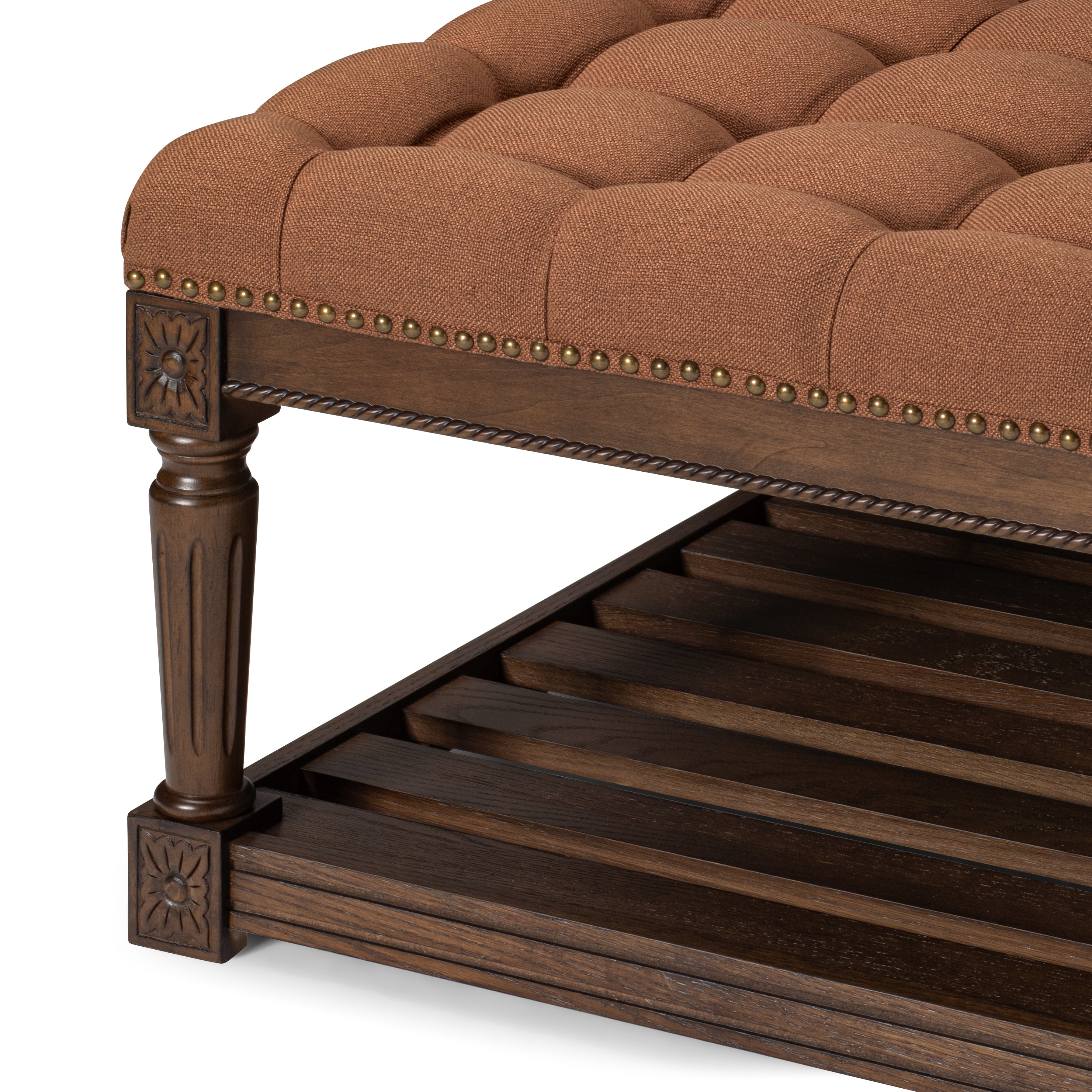 Mesa Square Upholstered Coffee Table in Aged Brown with Clay Brown Fabric in Coffee Table by Maven Lane