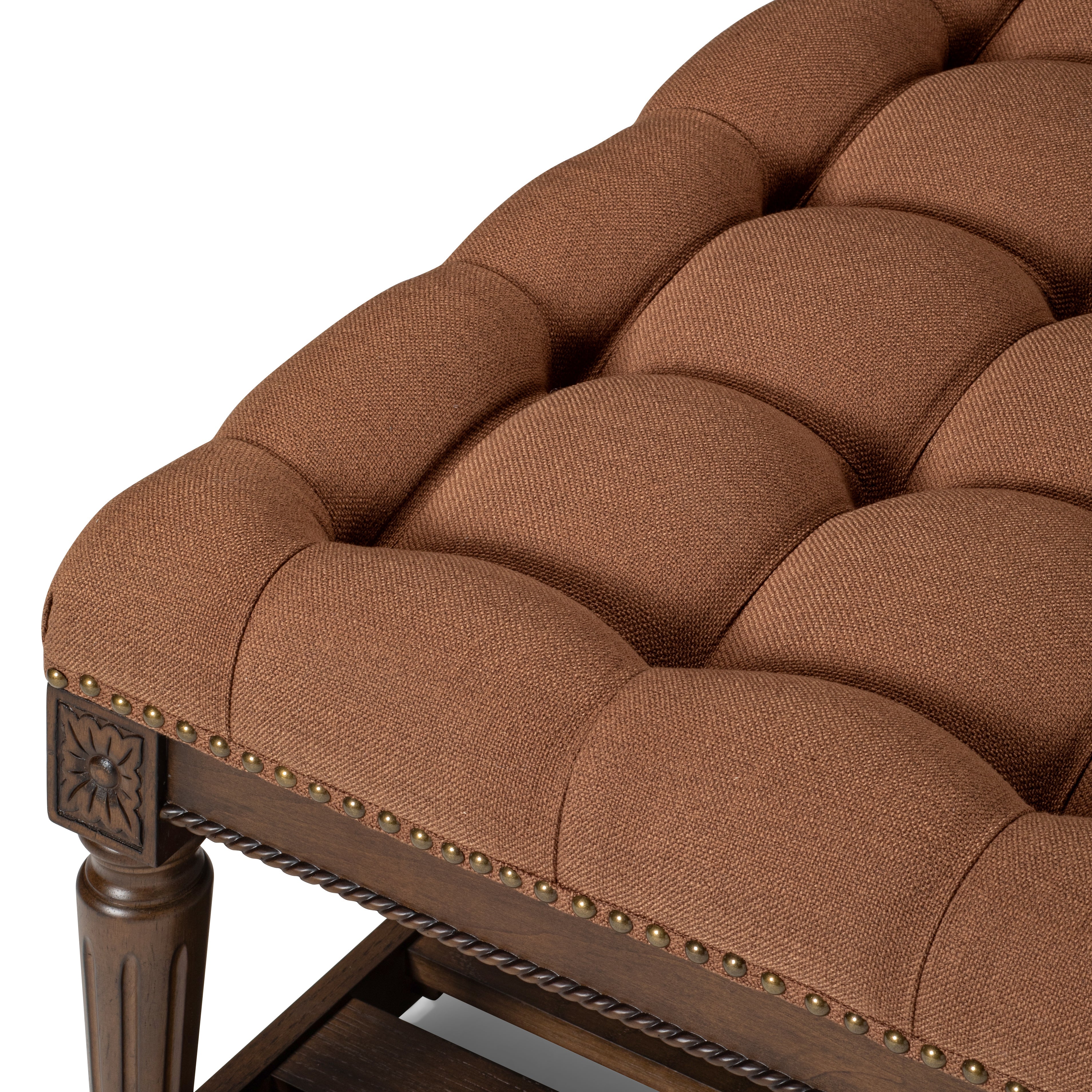 Mesa Square Upholstered Coffee Table in Aged Brown with Clay Brown Fabric in Coffee Table by Maven Lane