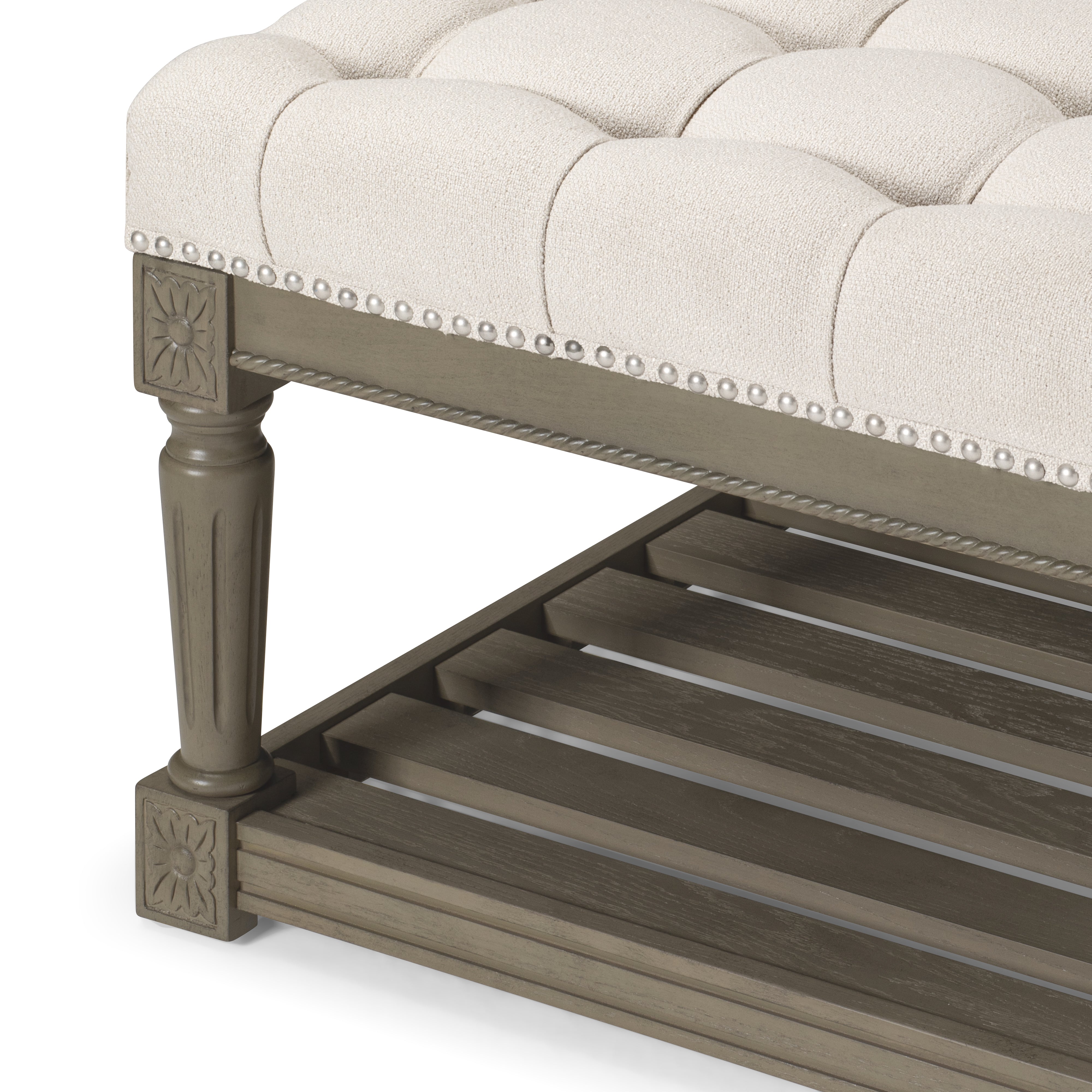 Mesa Square Coffee Table in Aged Grey with Dove Grey Fabric in Coffee Table by Maven Lane