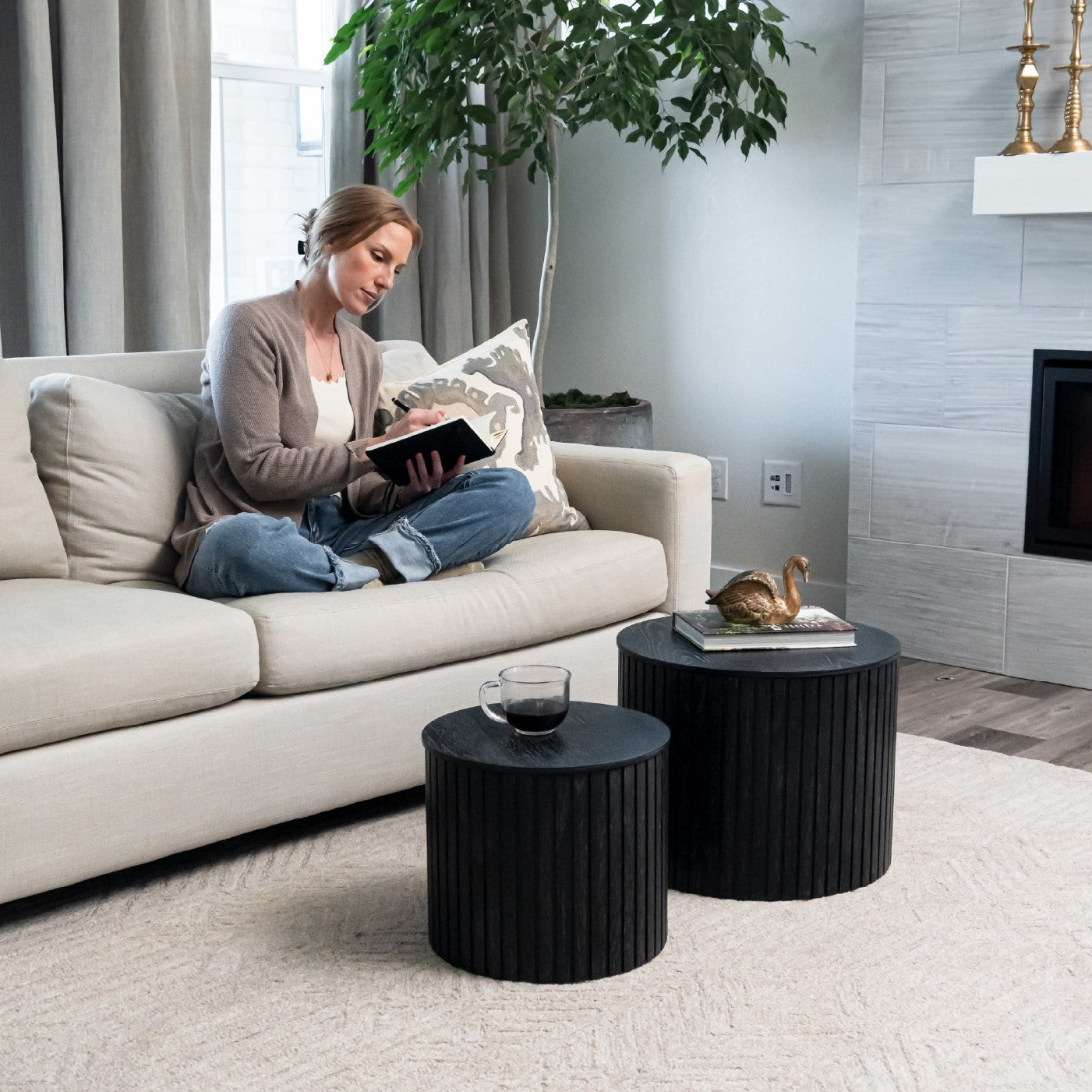 Austin Wooden Coffee Table Set with Storage in Black Finish in Nesting Tables by Maven Lane