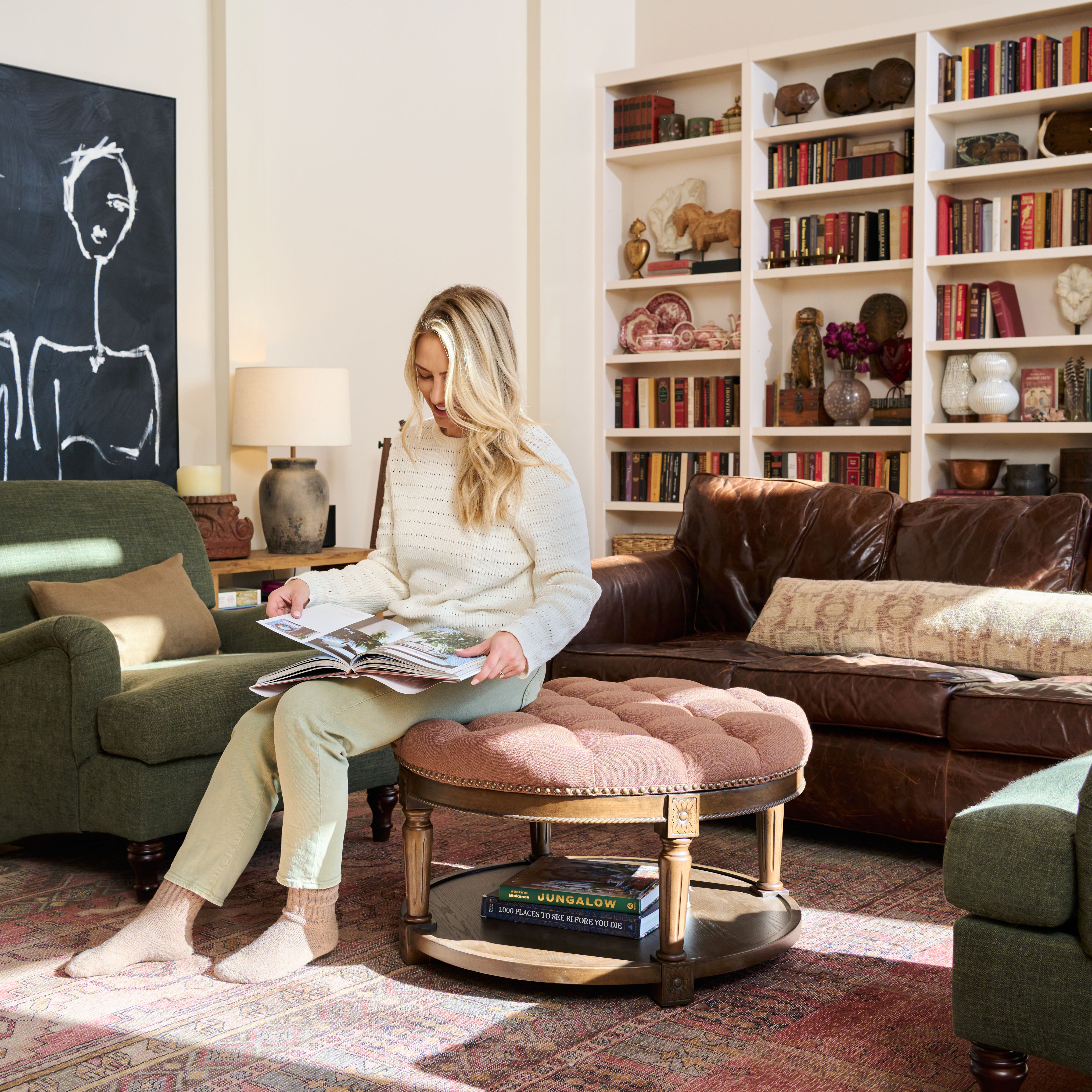 Mesa Round Upholstered Coffee Table in Brown Finish and Brown Fabric Upholstery in Coffee Table by Maven Lane