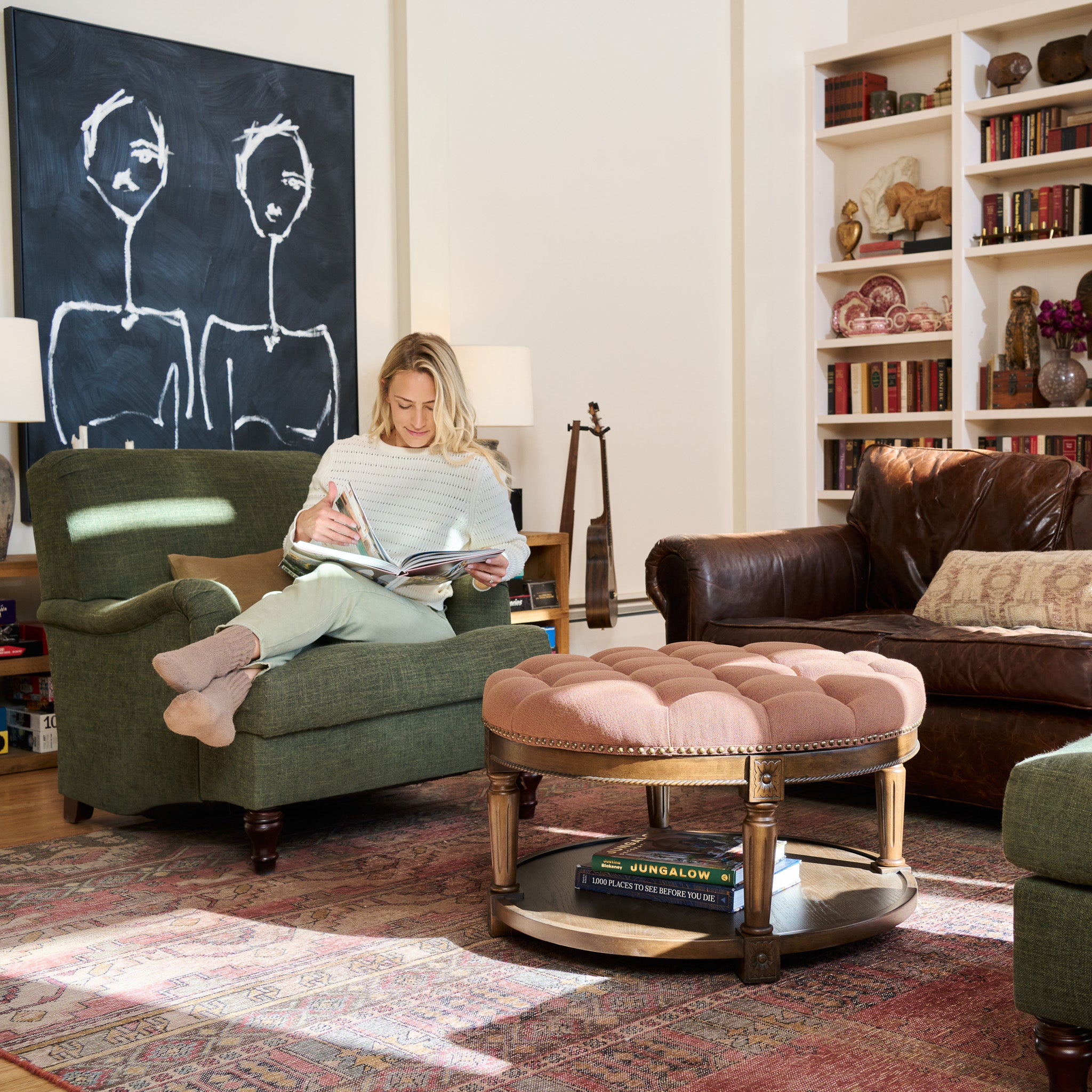 Mesa Round Upholstered Coffee Table in Brown Finish and Brown Fabric Upholstery in Coffee Table by Maven Lane