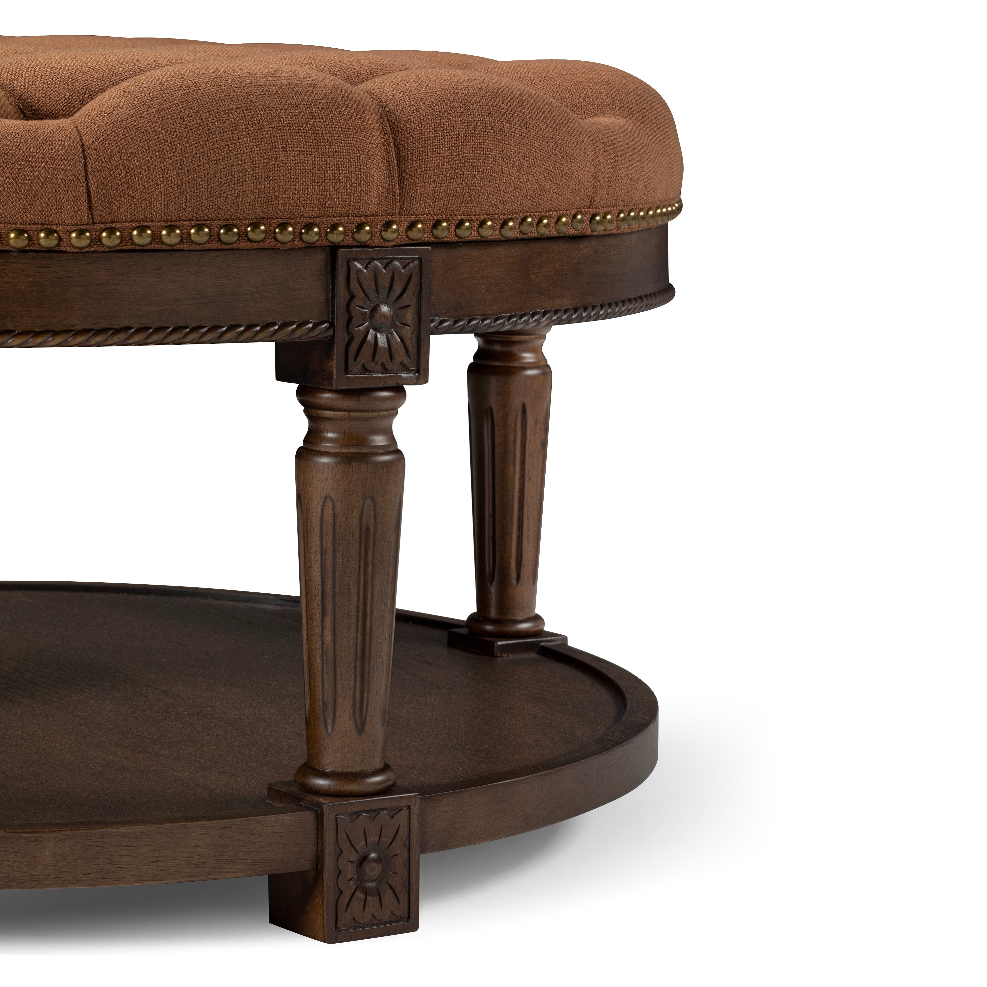 Mesa Round Upholstered Coffee Table in Brown Finish and Brown Fabric Upholstery in Coffee Table by Maven Lane