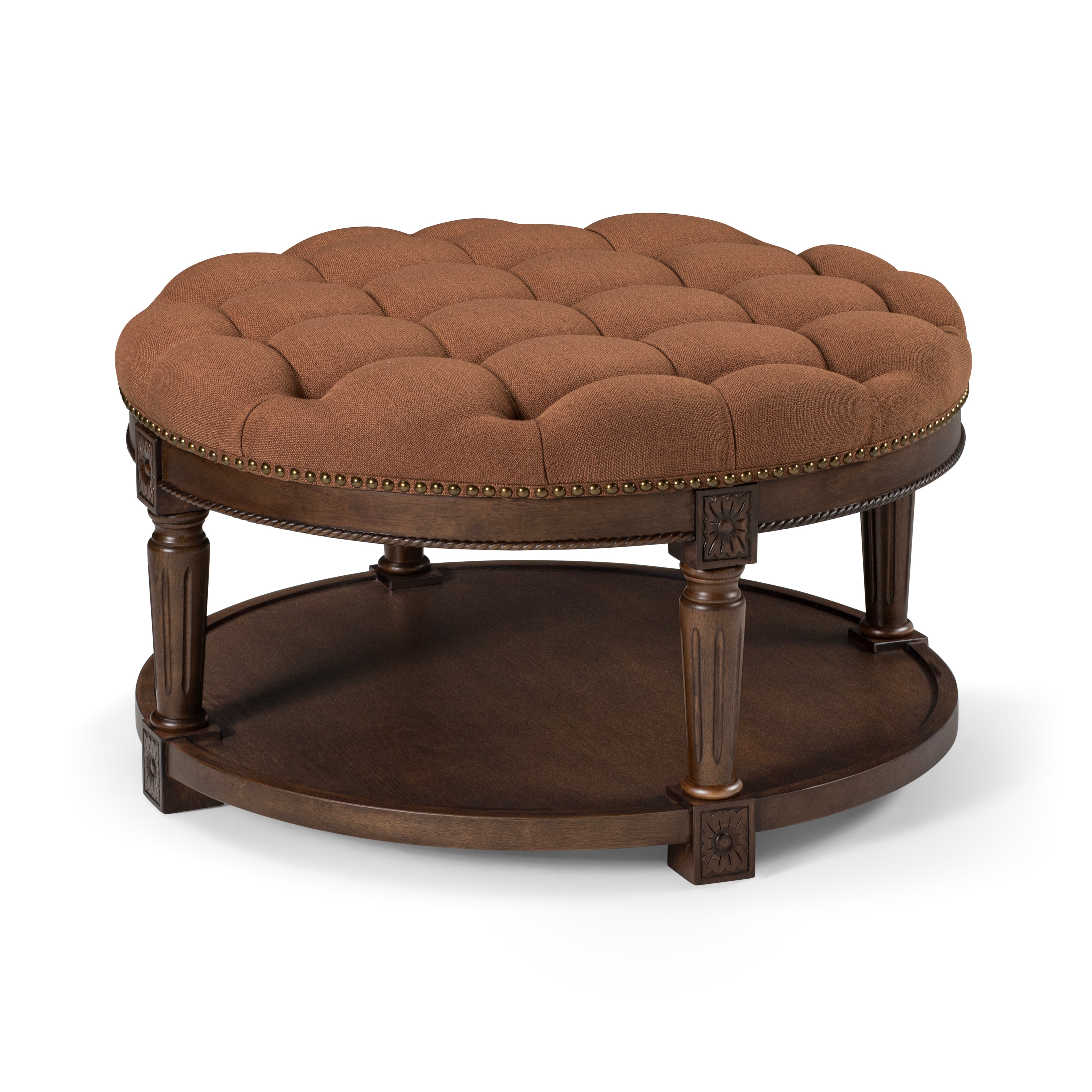 Mesa Round Upholstered Coffee Table in Brown Finish and Brown Fabric Upholstery in Coffee Table by Maven Lane