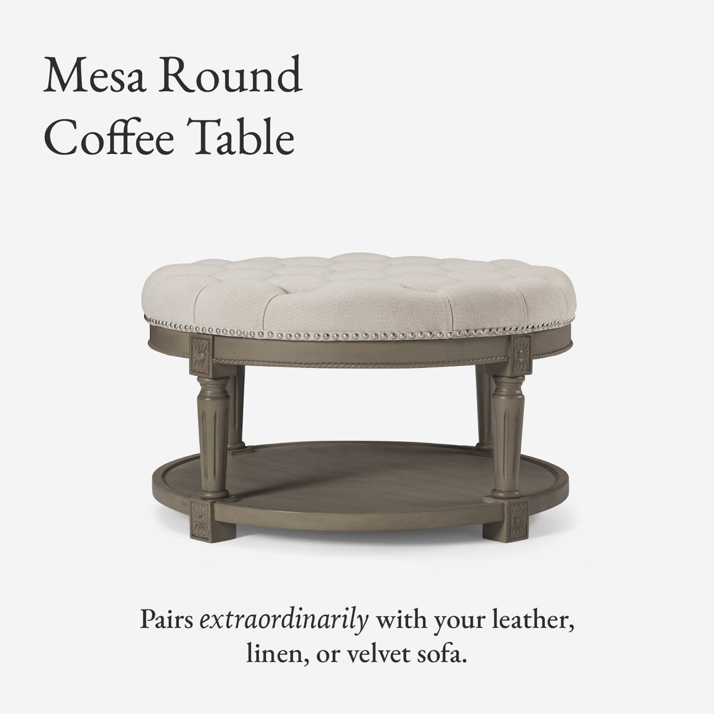 Mesa Round Upholstered Coffee Table in Grey Finish with Grey Fabric in Coffee Table by Maven Lane