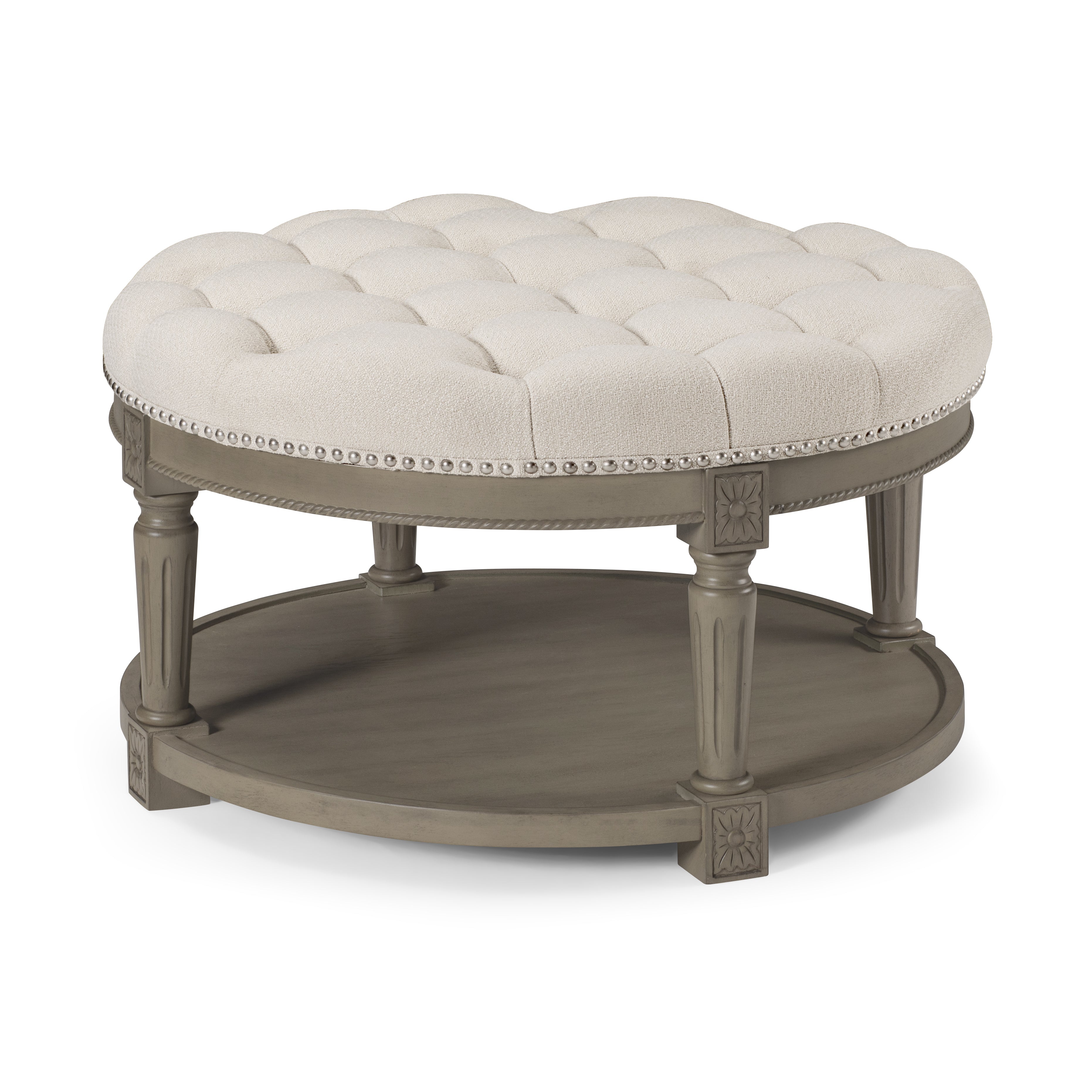 Mesa Round Coffee Table in Aged Grey with Dove Grey Fabric in Coffee Table by Maven Lane