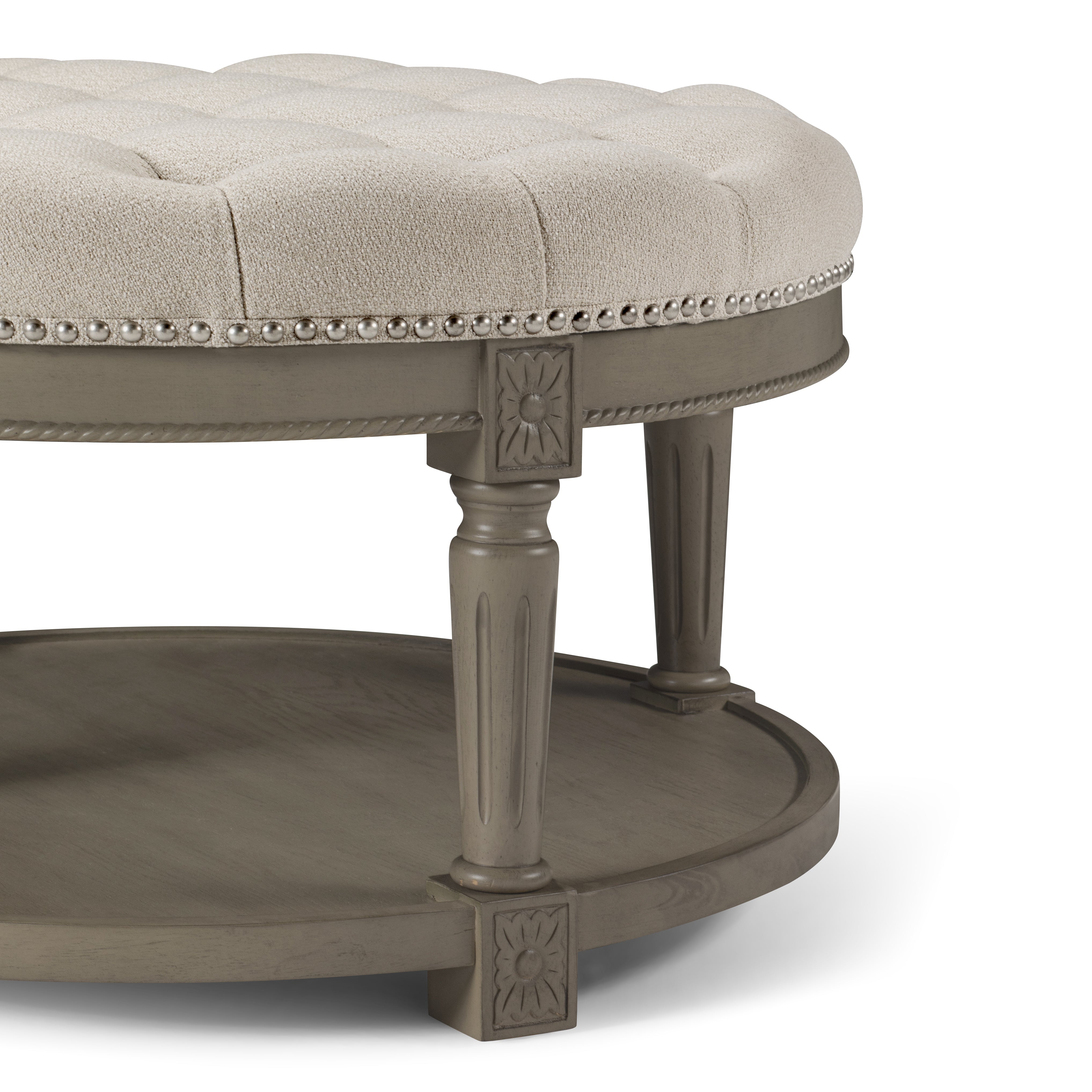 Mesa Round Coffee Table in Aged Grey with Dove Grey Fabric in Coffee Table by Maven Lane