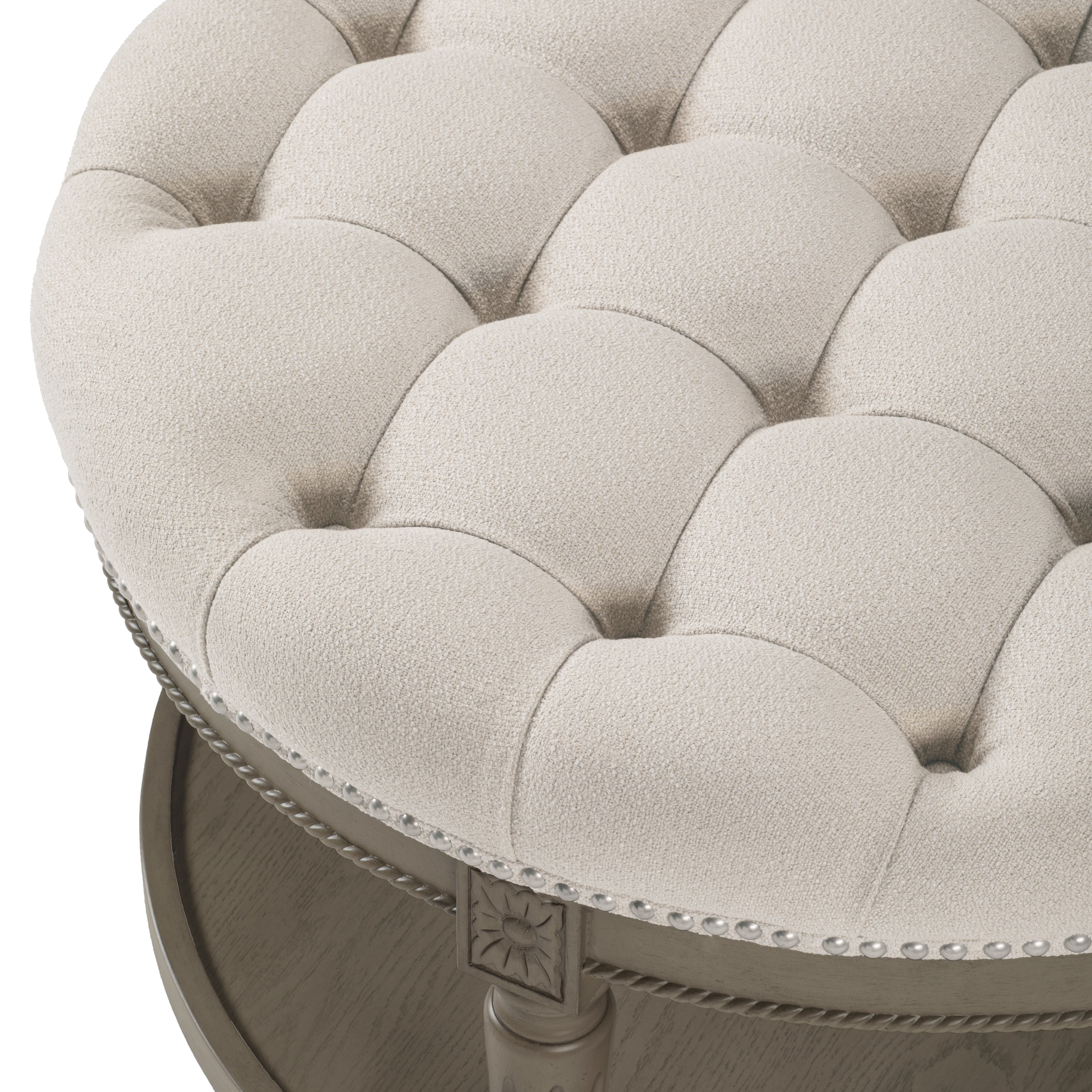 Mesa Round Coffee Table in Aged Grey with Dove Grey Fabric in Coffee Table by Maven Lane