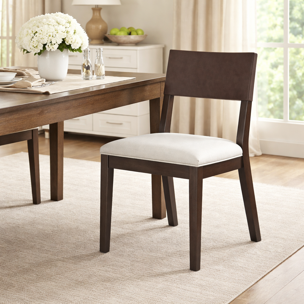 Radi Dining Chair in Brown Finish with Beige Fabric Upholstery and Brown Faux Leather Back, Set of 2 in Maven Lane by Maven Lane