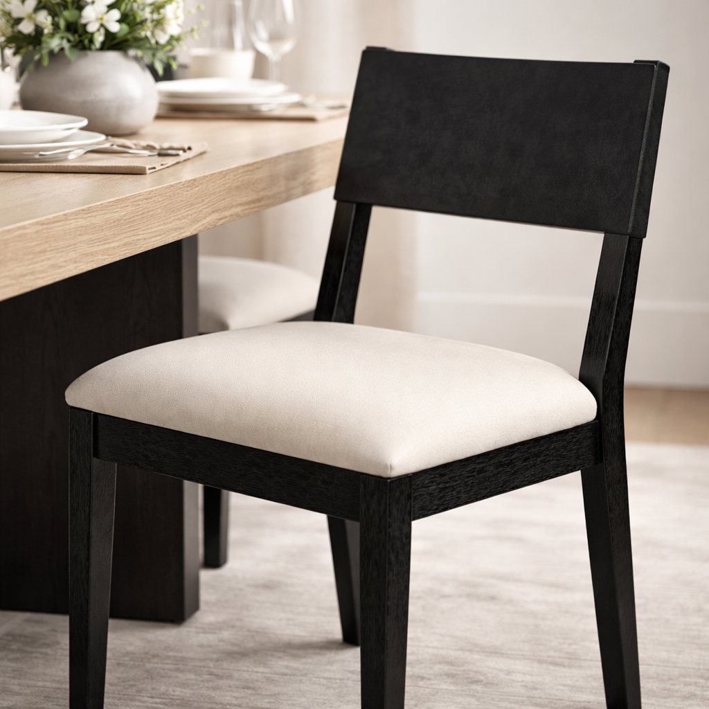 Radi Dining Chair in Black with Beige Fabric Upholstery and Dark Grey Faux Leather Back, Set of 2 in Maven Lane by Maven Lane