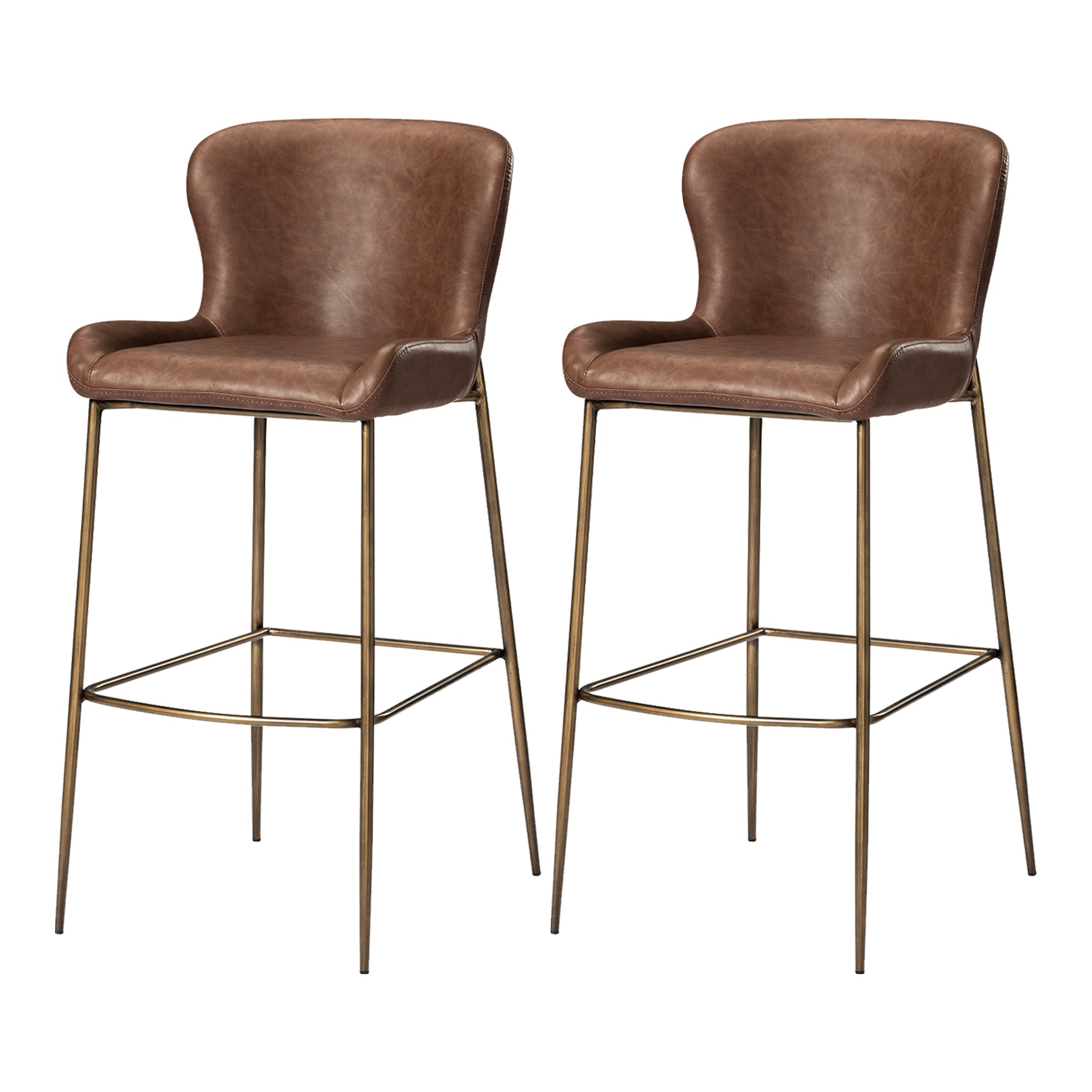 31" Naomi Bar Stool in Aged Gold Finish with Brown Faux Leather (Set of 2) in Stools by Maven Lane