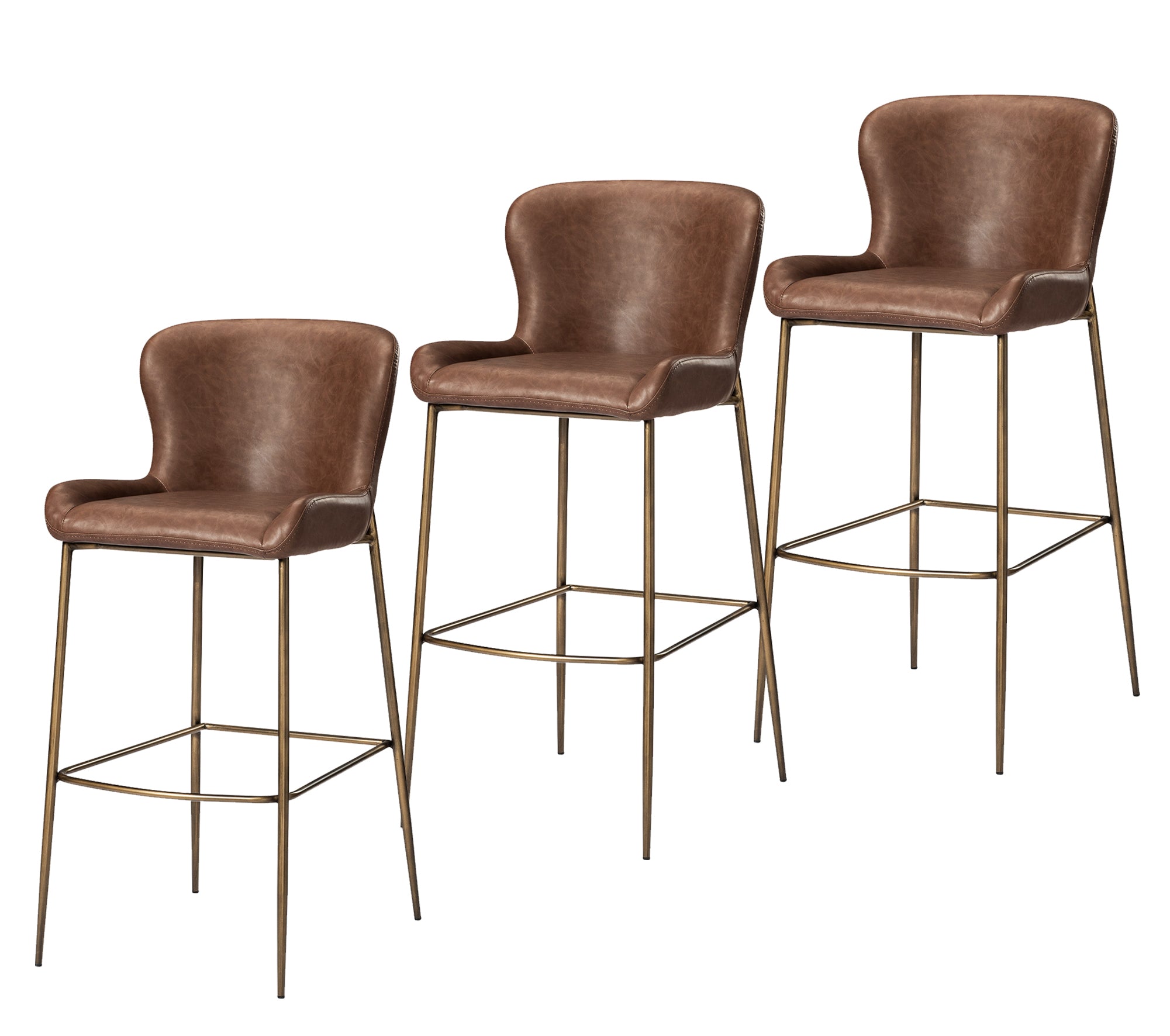 31" Naomi Bar Stool in Aged Gold Finish with Brown Faux Leather (Set of 3) in Stools by Maven Lane