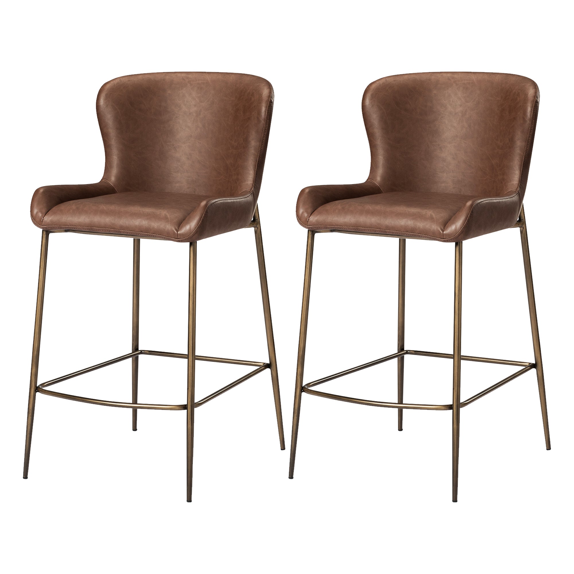 26" Naomi Counter Stool in Aged Gold Finish with Brown Faux Leather (Set of 2) in Stools by Maven Lane