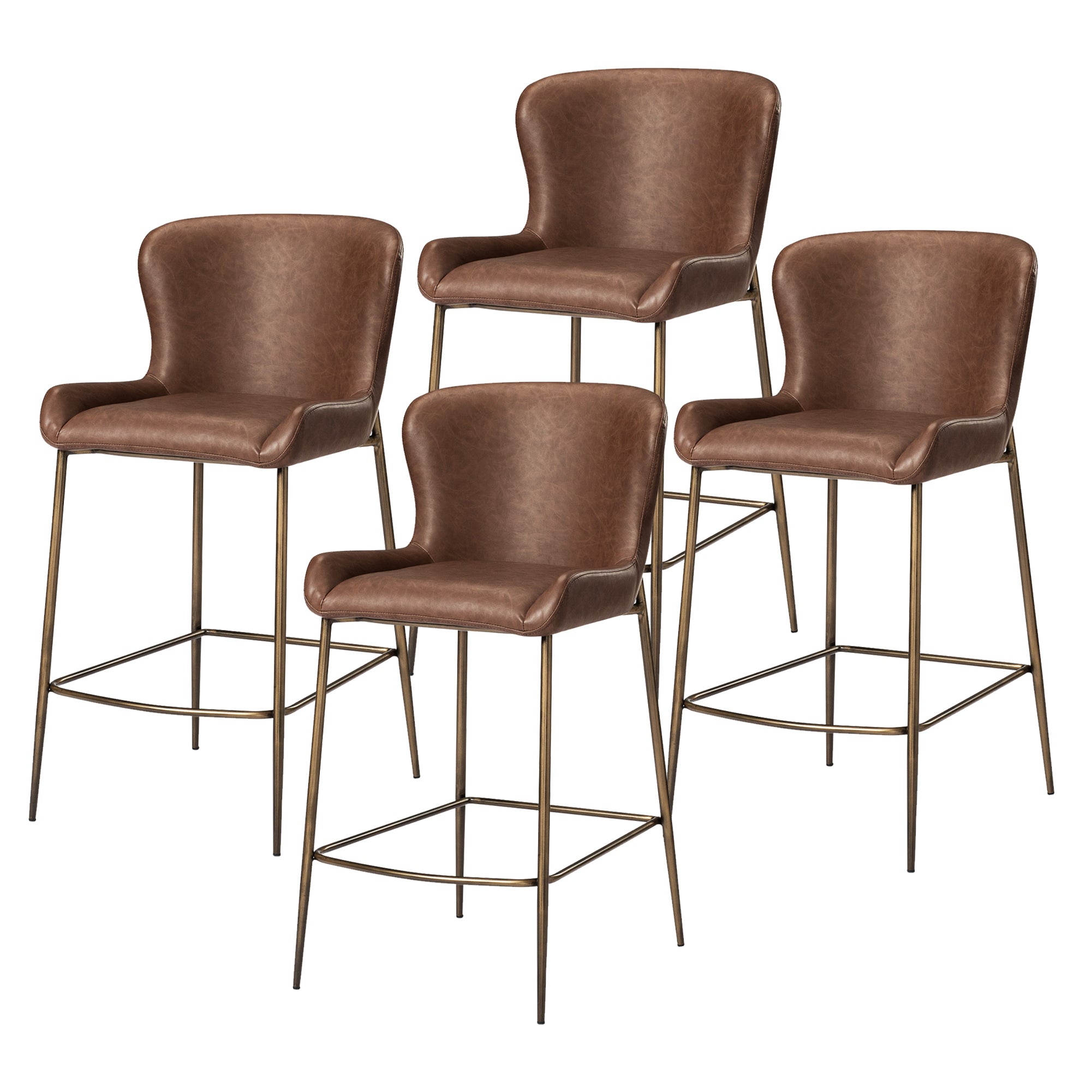 26" Naomi Counter Stool in Aged Gold Finish with Brown Faux Leather (Set of 4) in Stools by Maven Lane