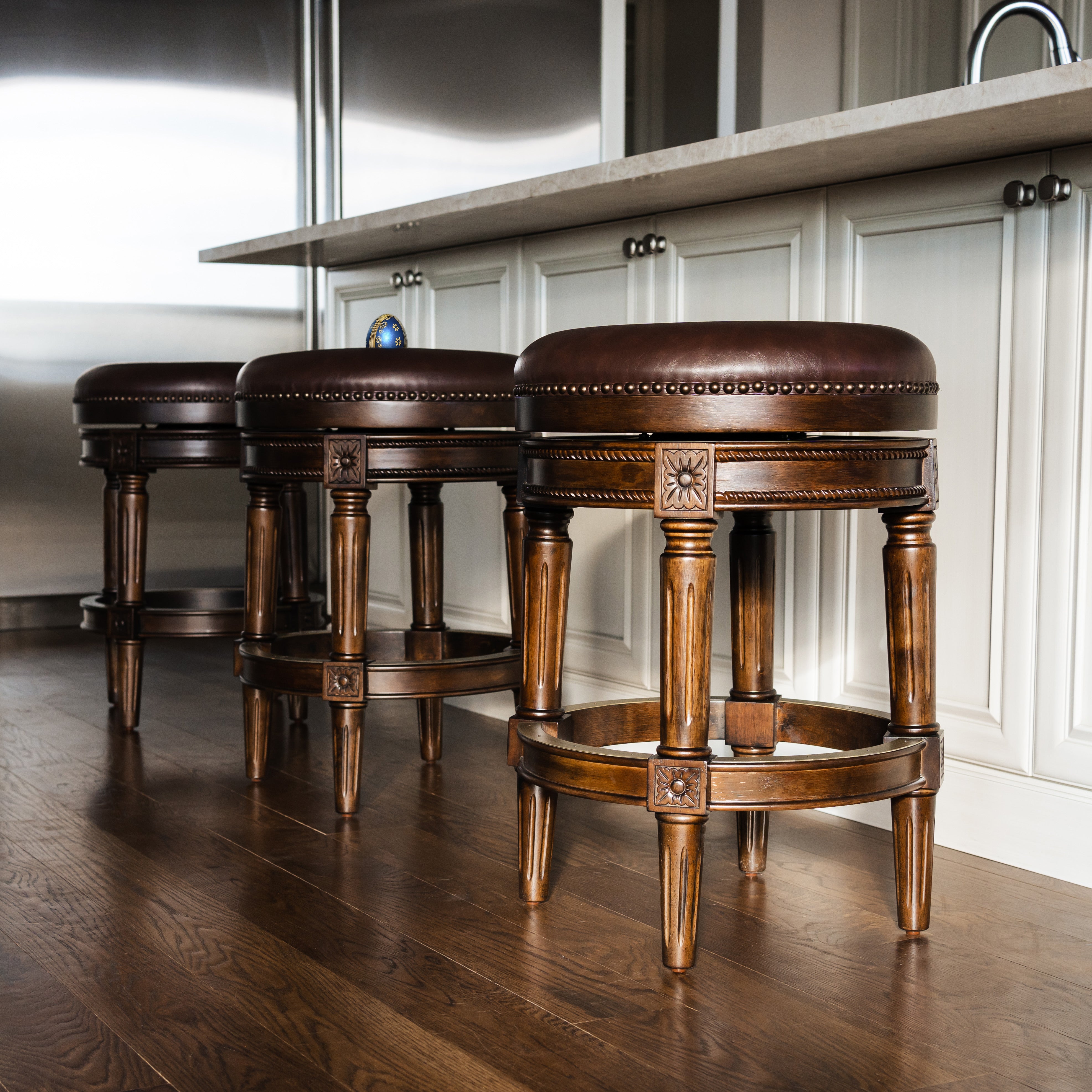 Pullman Backless Counter Stool in Dark Walnut Finish w/ Vintage Brown Vegan Leather in Stools by Maven Lane