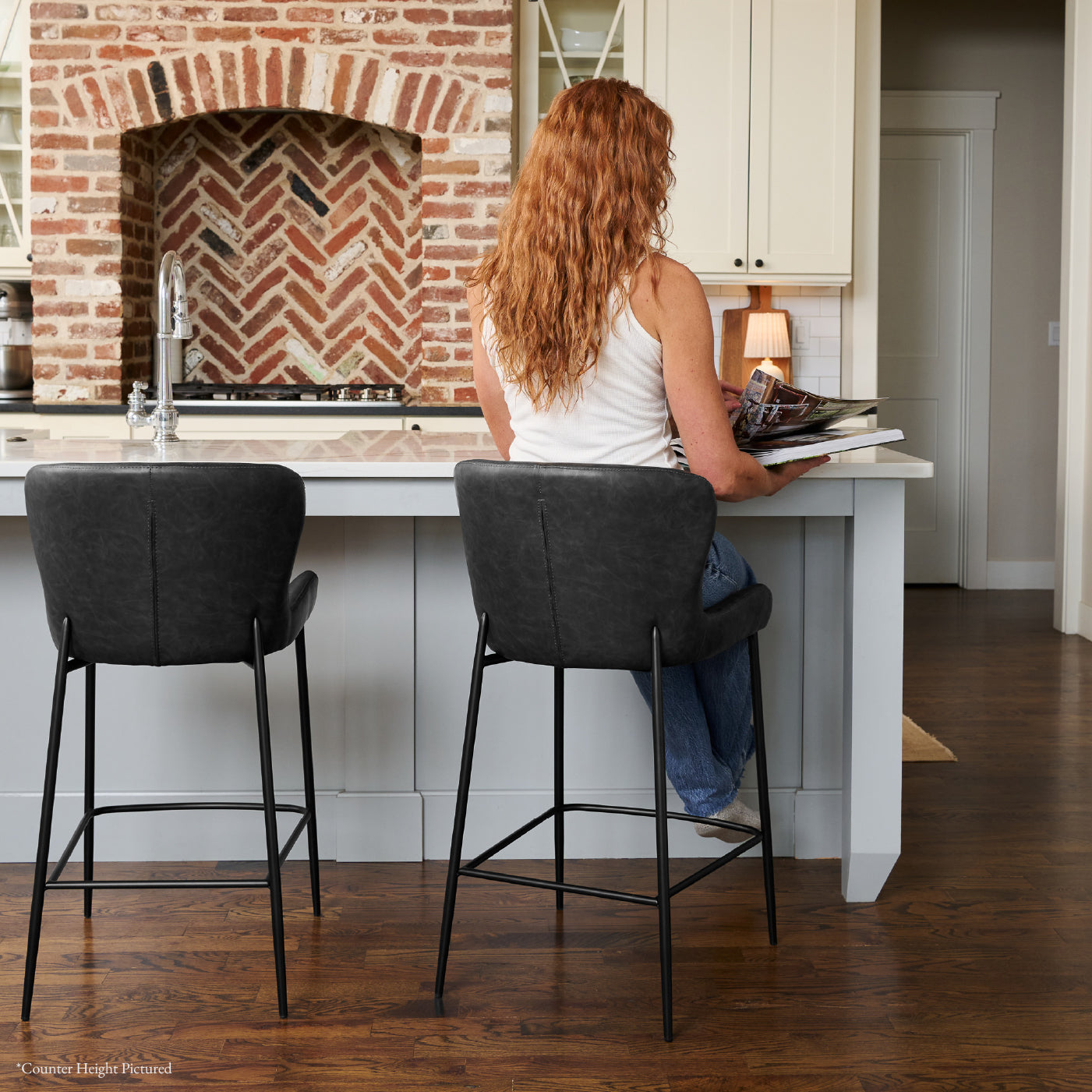 Naomi Bar Stool in Black Finish with Dark Grey Faux Leather in Stools by Maven Lane