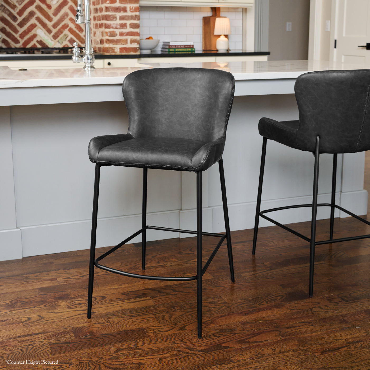 31" Naomi Bar Stool in Black Finish with Dark Grey Faux Leather in Stools by Maven Lane