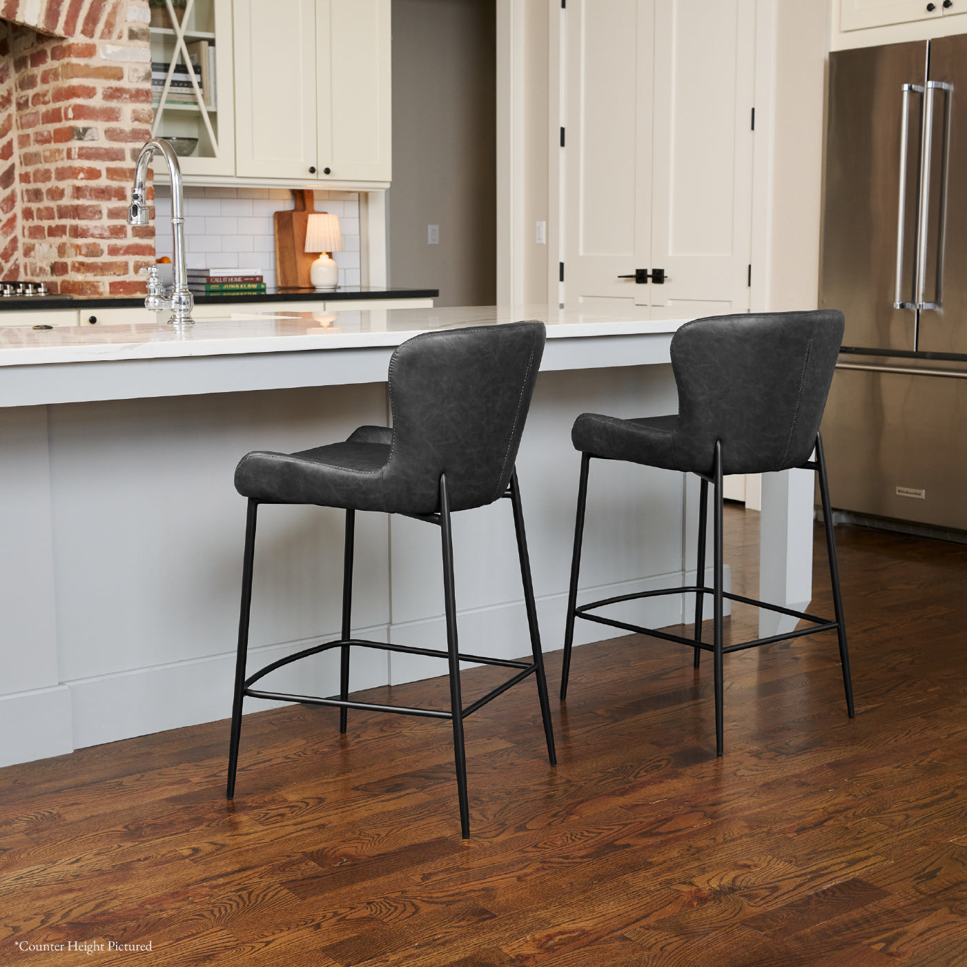 31" Naomi Bar Stool in Black Finish with Dark Grey Faux Leather (Set of 4) in Stools by Maven Lane