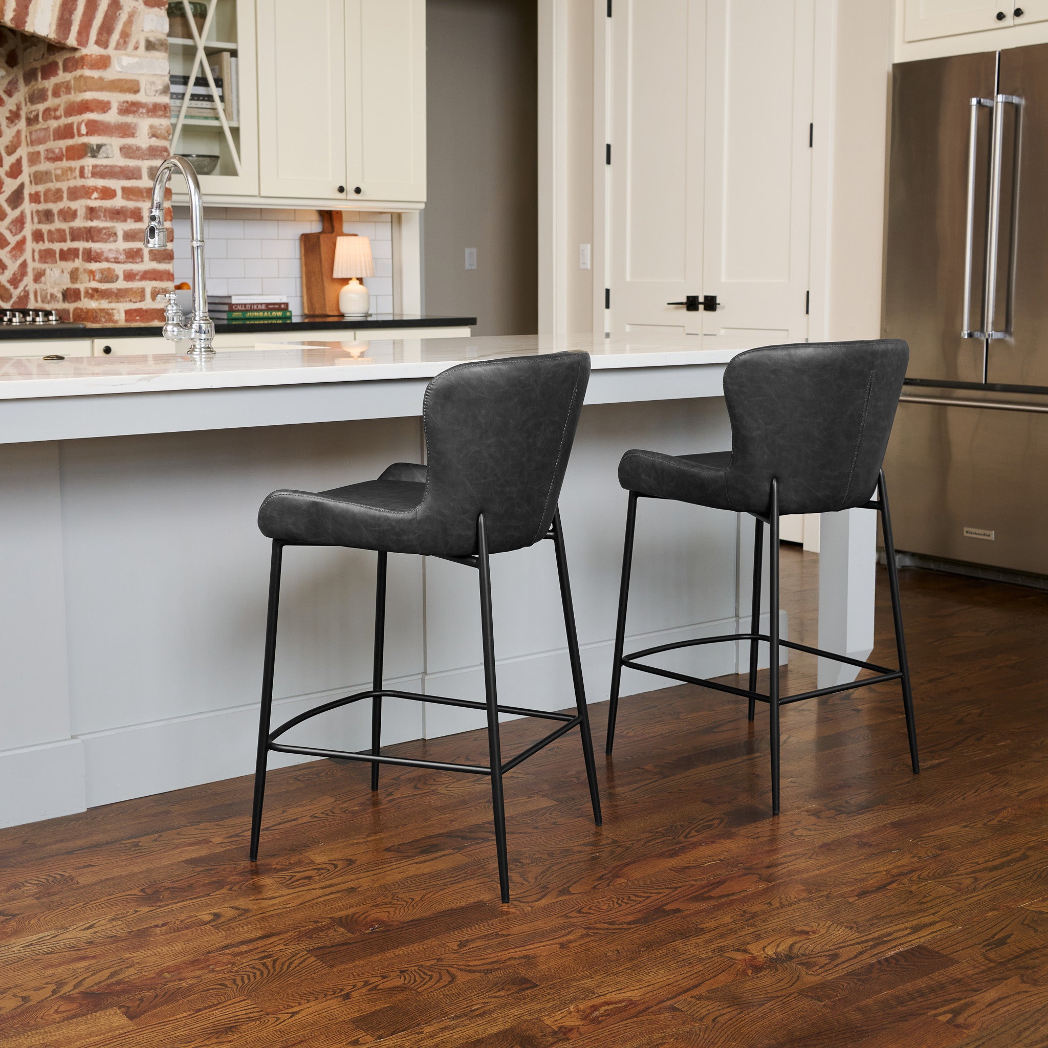 26" Naomi Counter Stool in Black Finish with Dark Grey Faux Leather (Set of 4) in Stools by Maven Lane