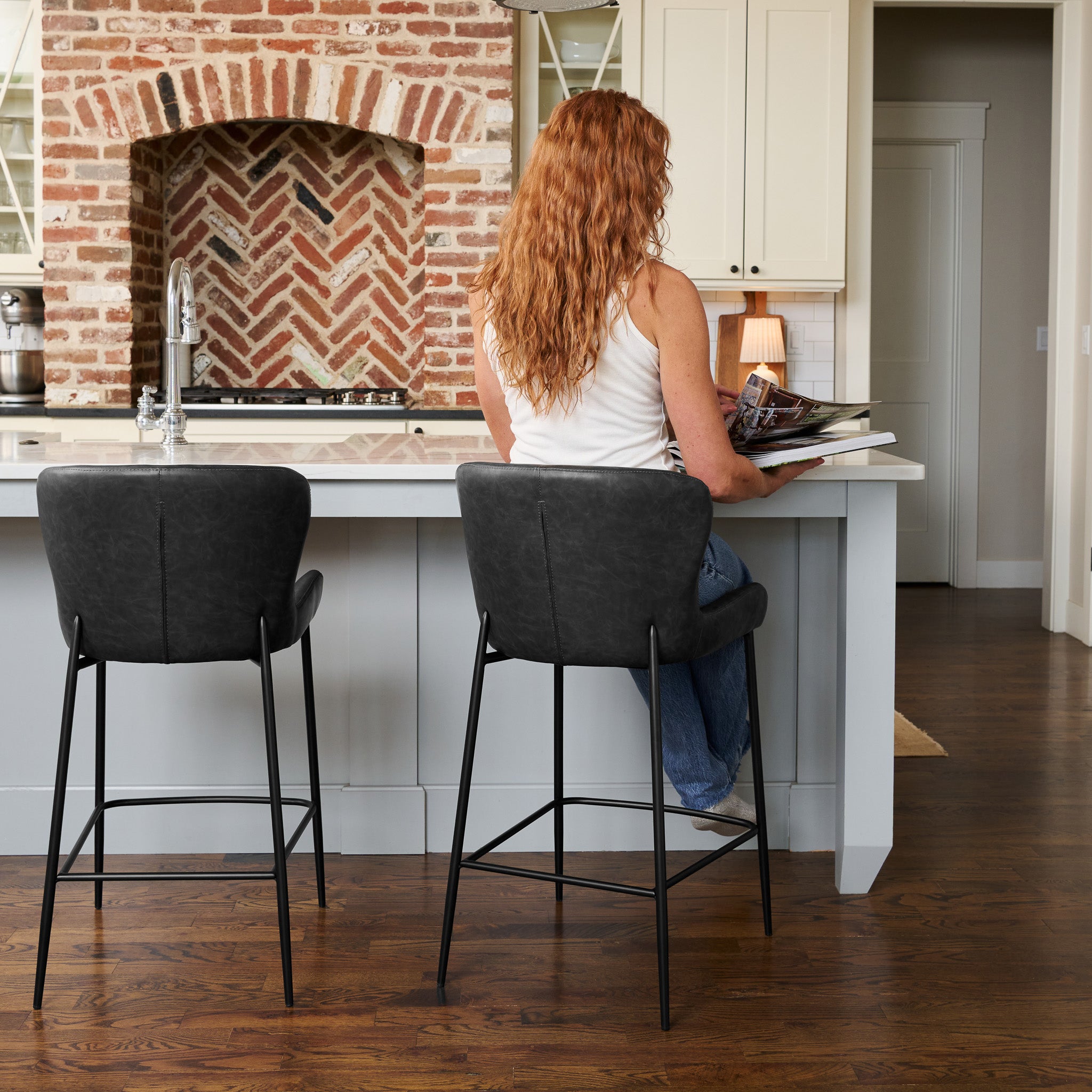 Naomi Counter Stool in Black Finish with Dark Grey Faux Leather in Stools by Maven Lane