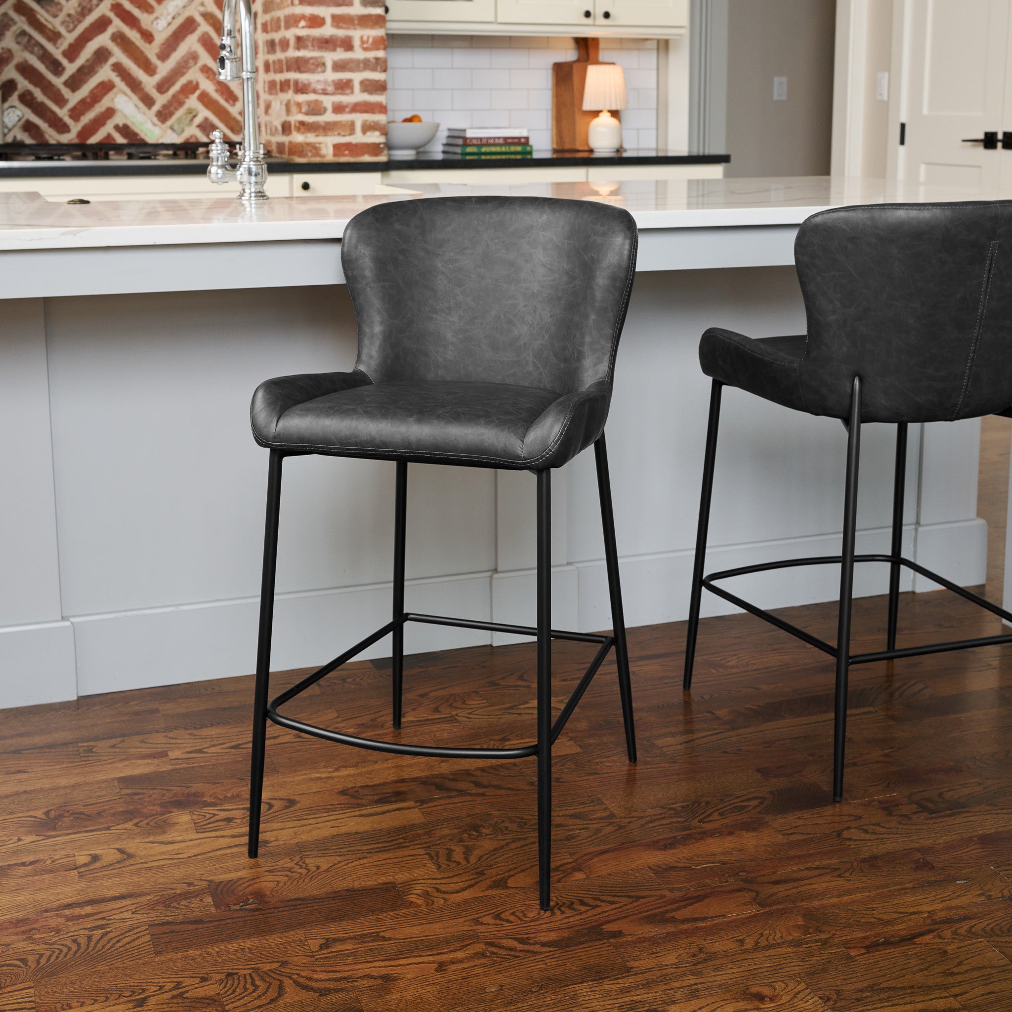 26" Naomi Counter Stool in Black Finish with Dark Grey Faux Leather in Stools by Maven Lane
