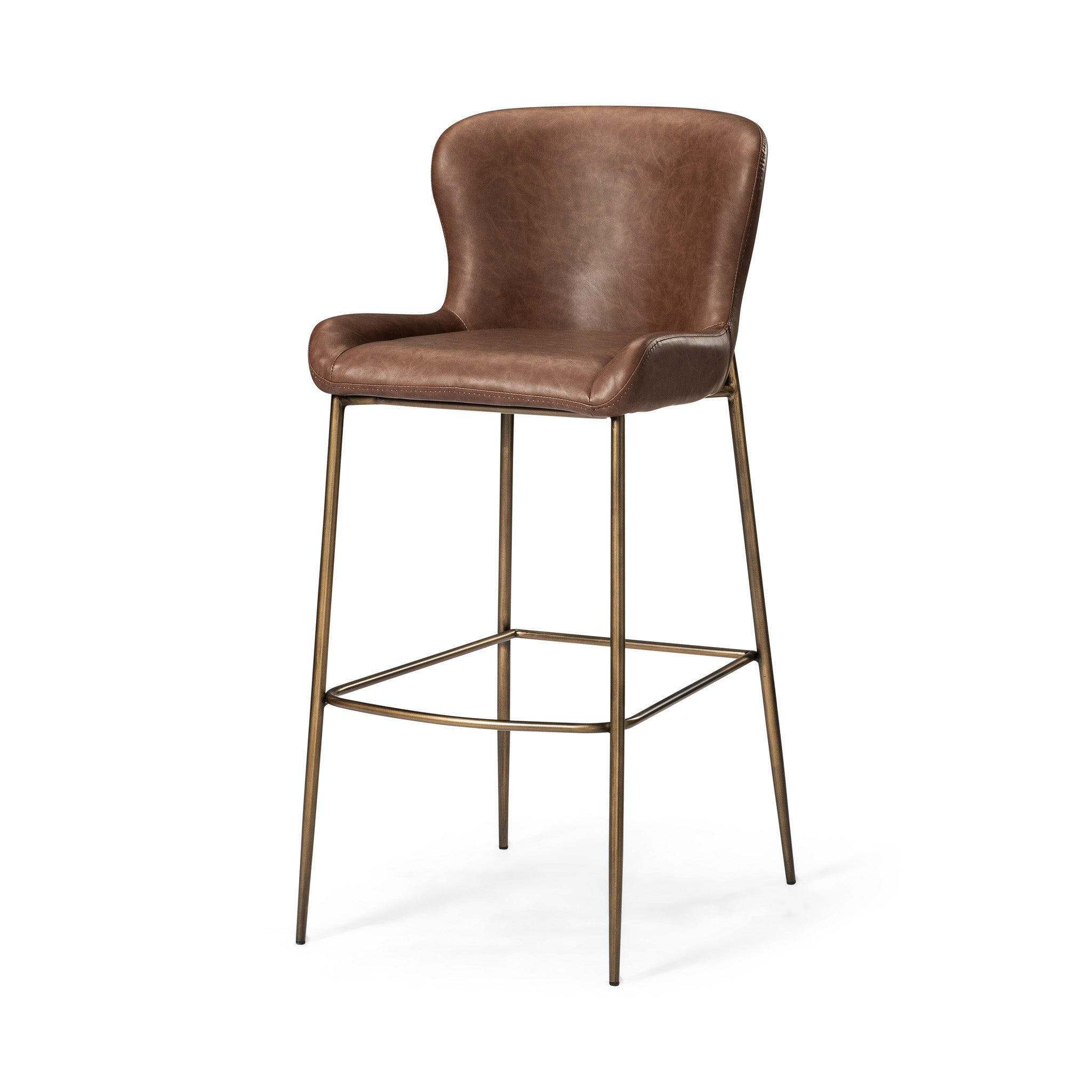 31" Naomi Bar Stool in Aged Gold Finish with Brown Faux Leather in Stools by Maven Lane