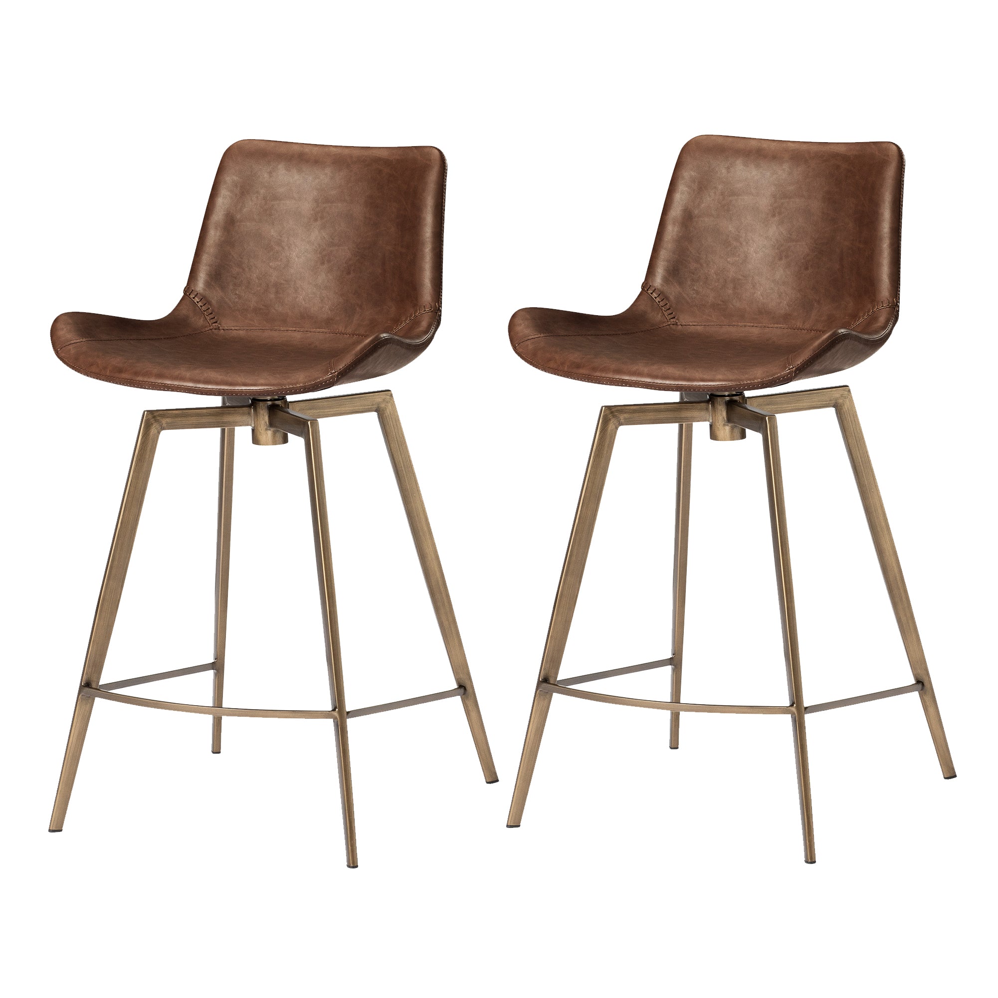 26" Victor Counter Stool in Aged Gold Finish with Brown Faux Leather (Set of 2) in Stools by Maven Lane
