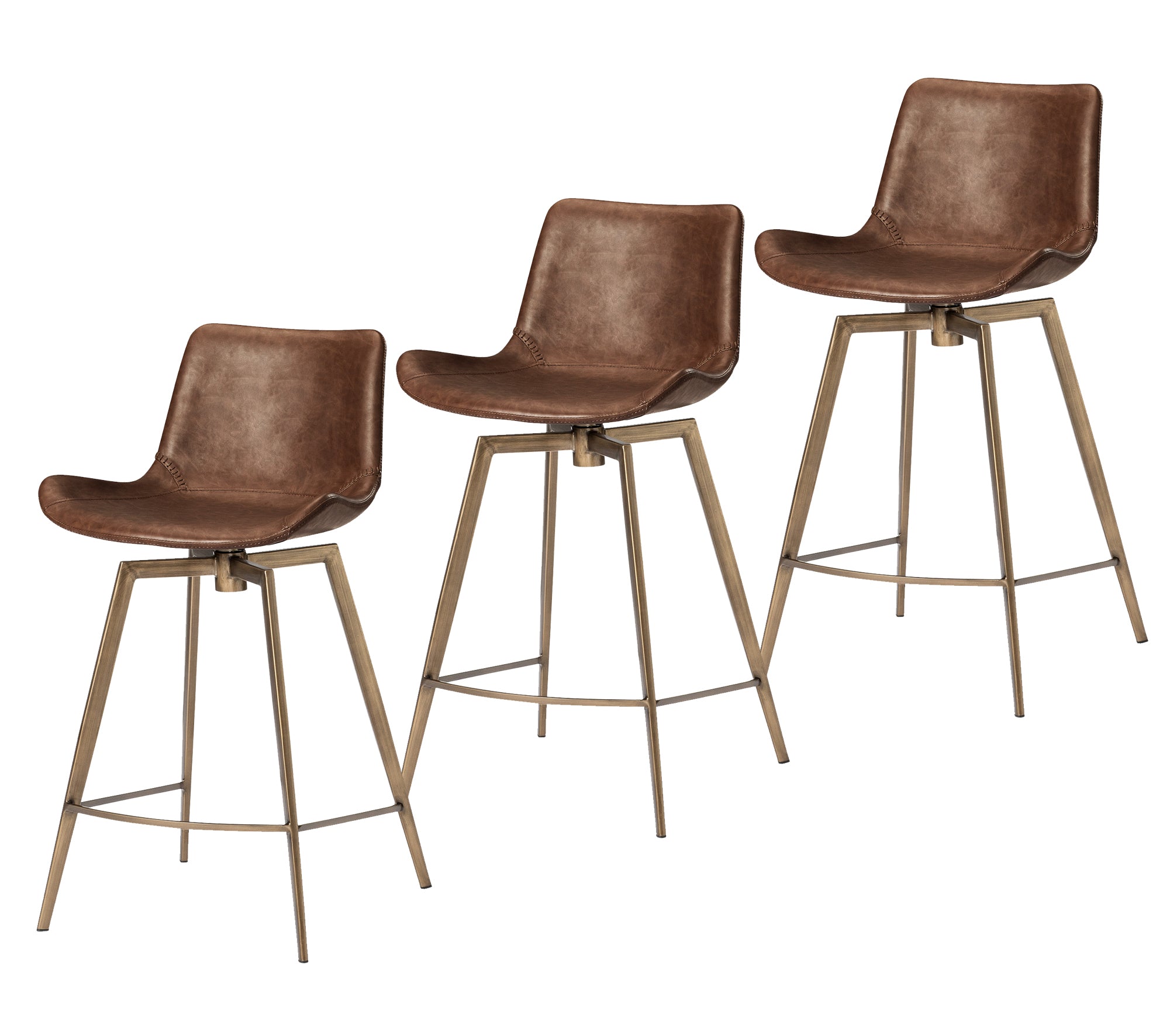 26" Victor Counter Stool in Aged Gold Finish with Brown Faux Leather (Set of 3) in Stools by Maven Lane