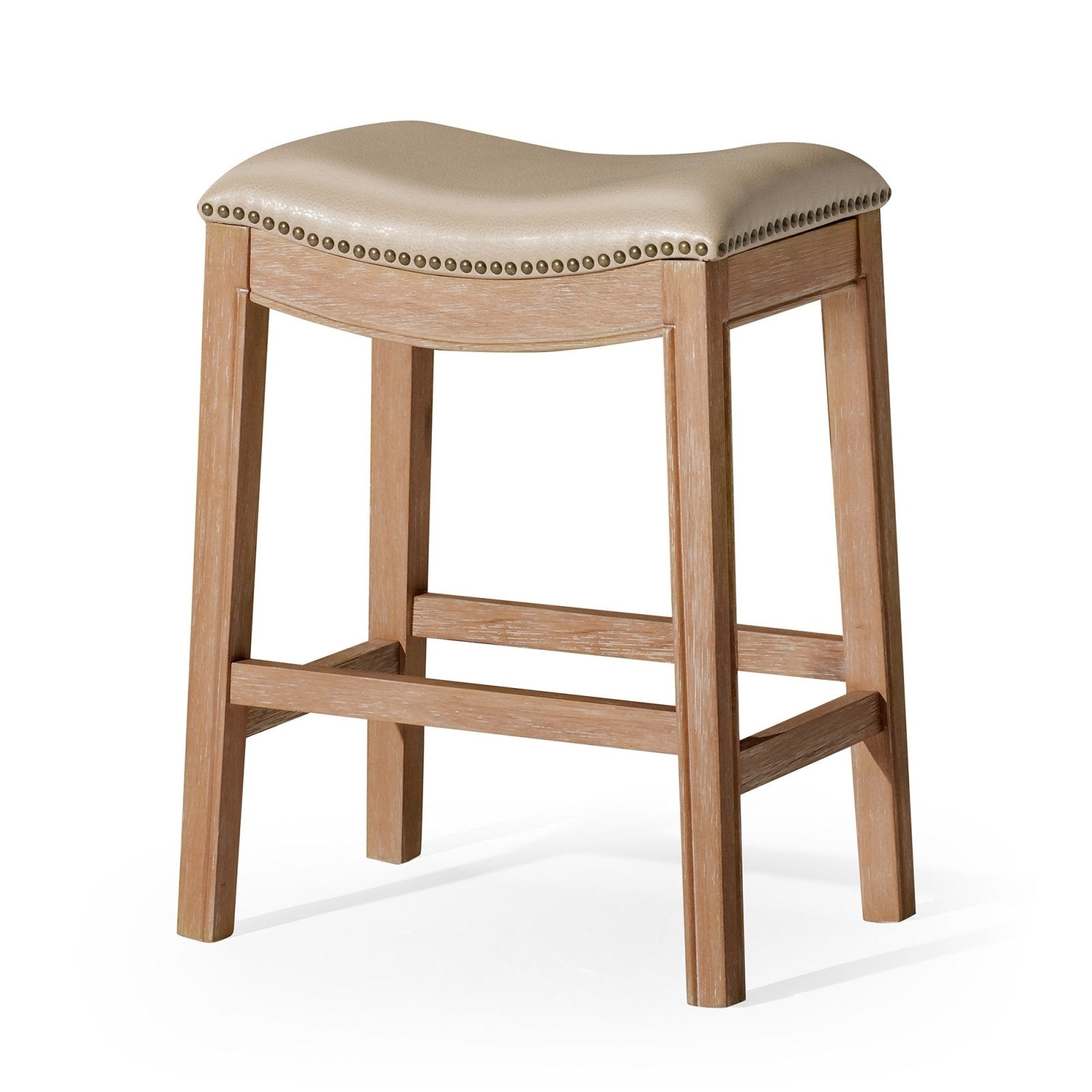 Adrien Saddle Counter Stool in Natural Finish with Beige Faux Leather in Stools by Maven Lane