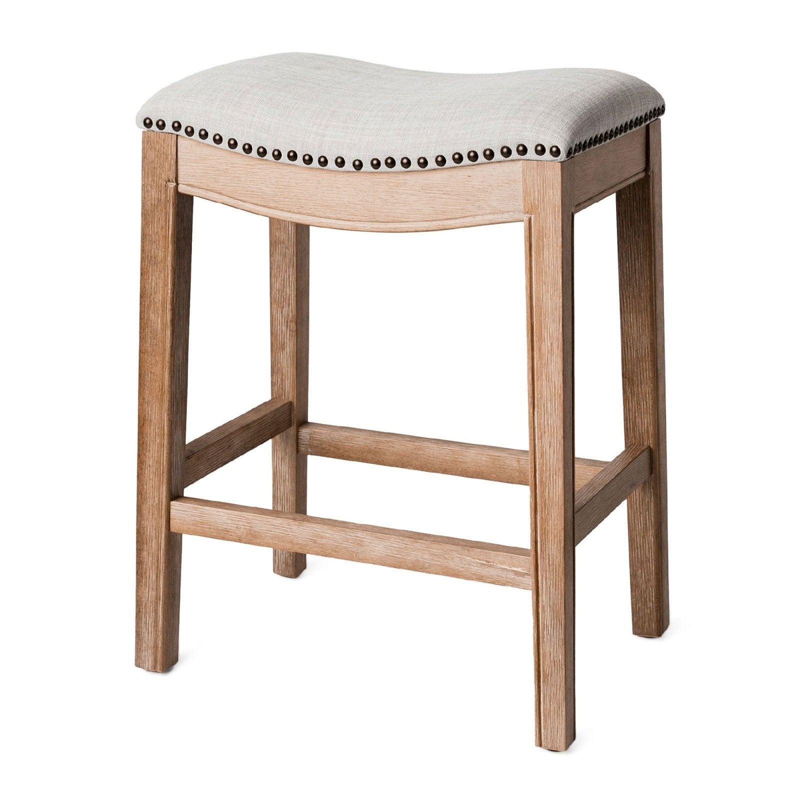 26" Adrien Saddle Counter Stool in Weathered Oak Finish with Sand Color Fabric Upholstery in Stools by Maven Lane