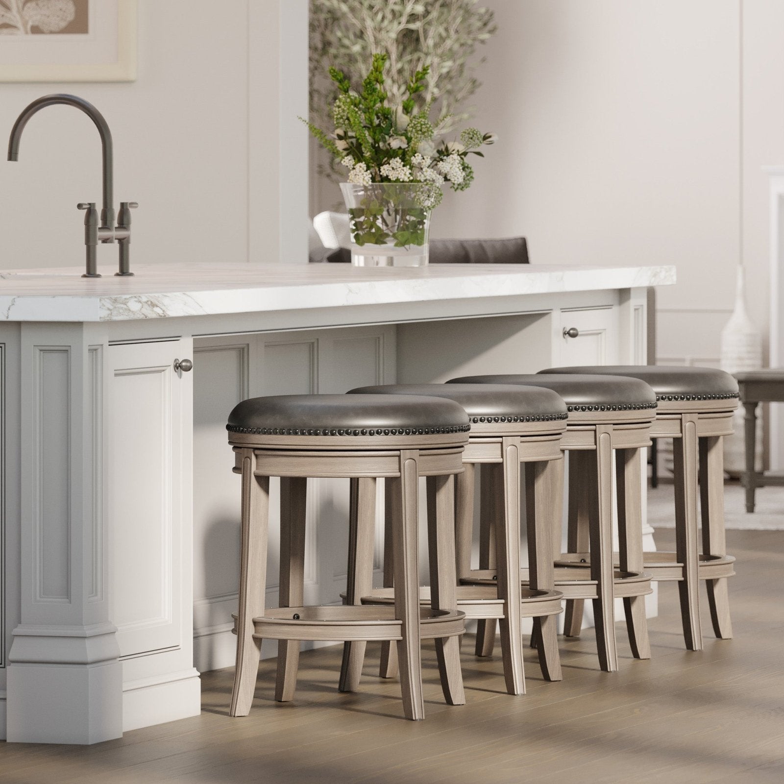 Alexander Backless Swivel Counter Height Kitchen Stool - Reclaimed Oak Finish with Ronan Stone Vegan Leather in Stools by Maven Lane