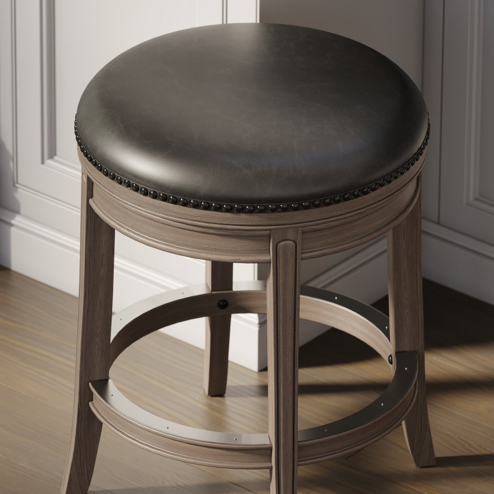 Alexander Backless Swivel Counter Height Kitchen Stool - Reclaimed Oak Finish with Ronan Stone Vegan Leather in Stools by Maven Lane