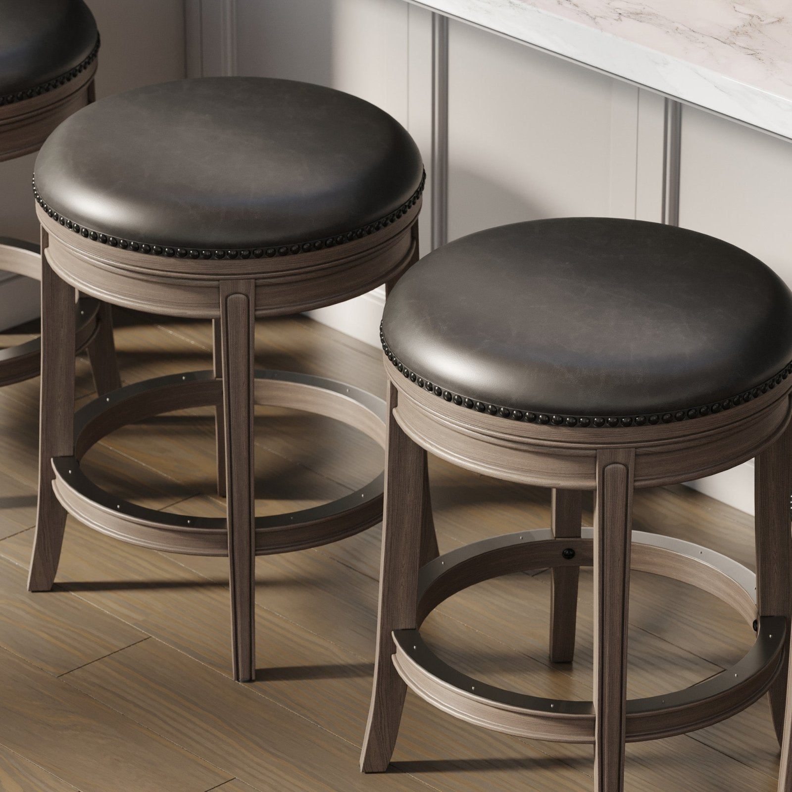 Alexander Backless Swivel Counter Height Kitchen Stool - Reclaimed Oak Finish with Ronan Stone Vegan Leather in Stools by Maven Lane