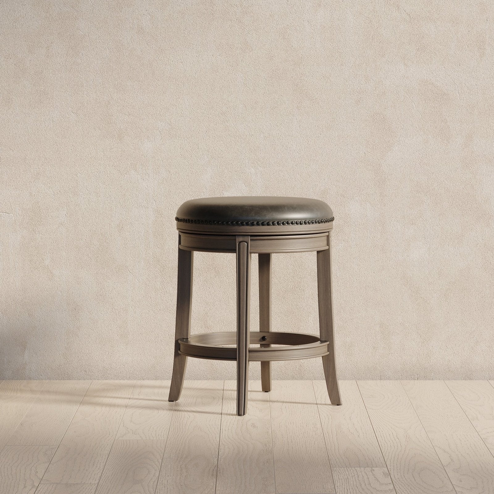 Alexander Backless Swivel Counter Height Kitchen Stool - Reclaimed Oak Finish with Ronan Stone Vegan Leather in Stools by Maven Lane