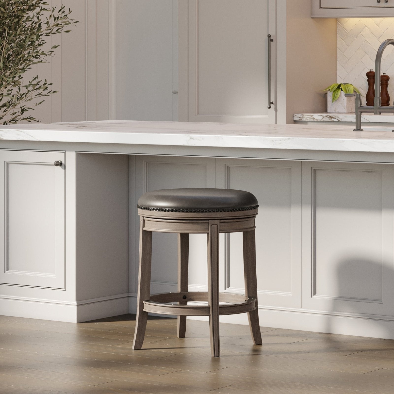 Alexander Backless Swivel Counter Height Kitchen Stool - Reclaimed Oak Finish with Ronan Stone Vegan Leather in Stools by Maven Lane