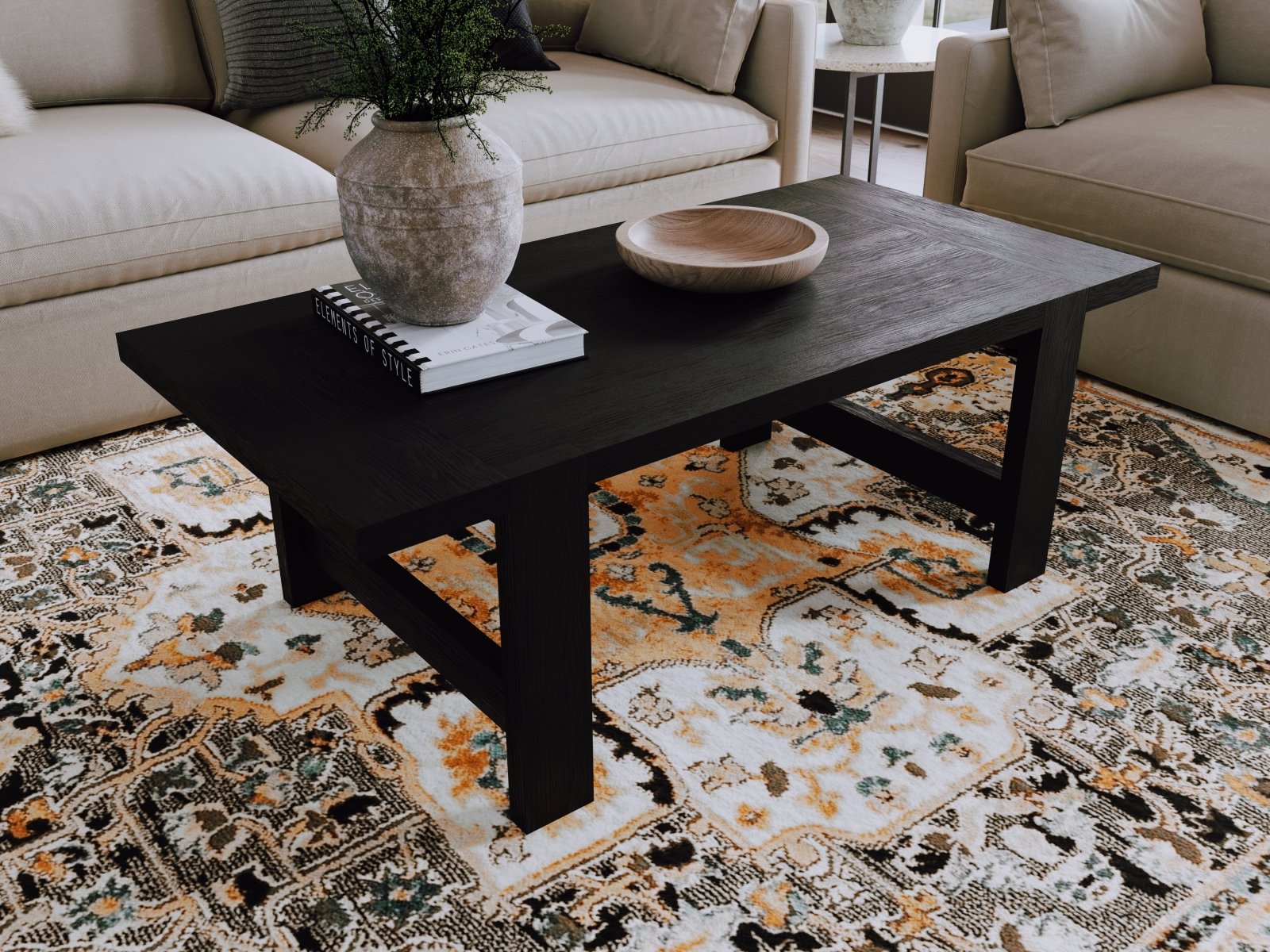 Angelo Rustic Rectangular Wooden Coffee Table In Aged Black in Maven Lane by Maven Lane