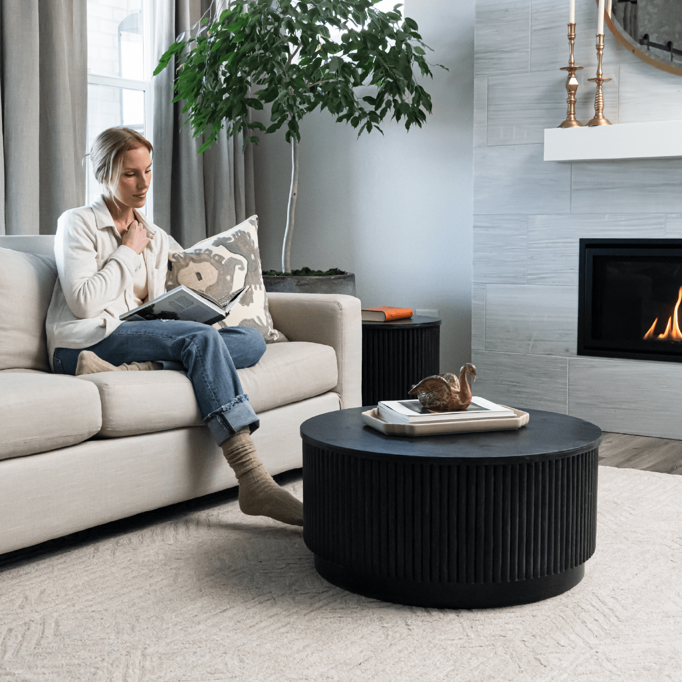 Dallas Round Wooden Coffee Table in Aged Black in Coffee Table by Maven Lane