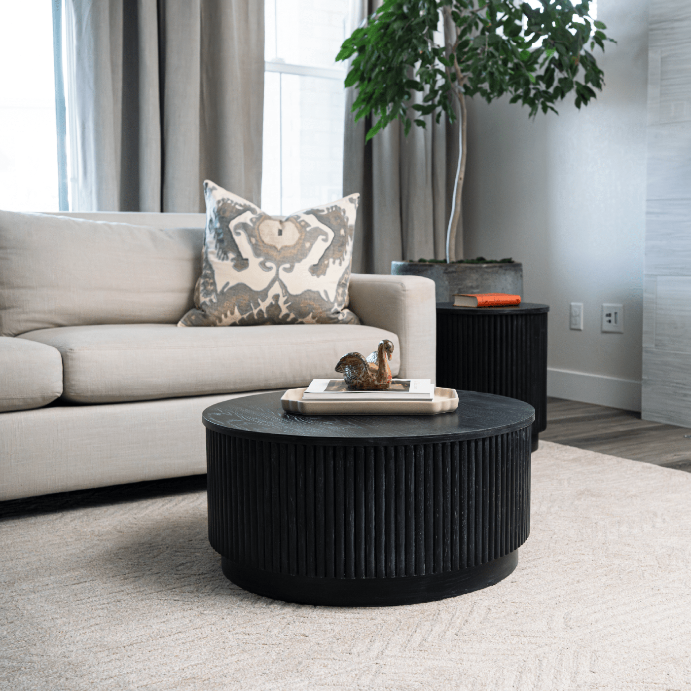 Dallas Round Wooden Coffee Table in Aged Black in Coffee Table by Maven Lane