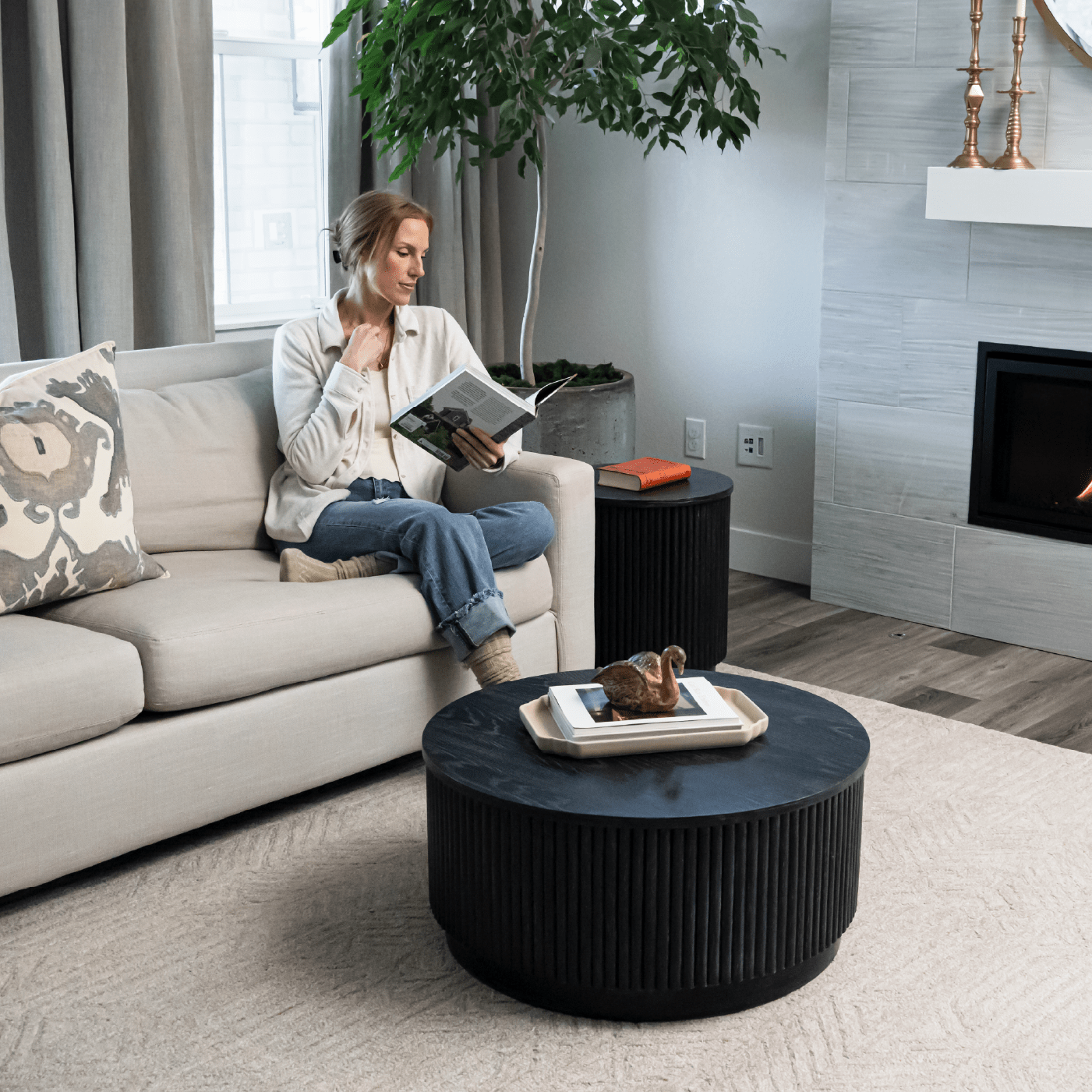 Dallas Round Wooden Coffee Table in Aged Black in Coffee Table by Maven Lane