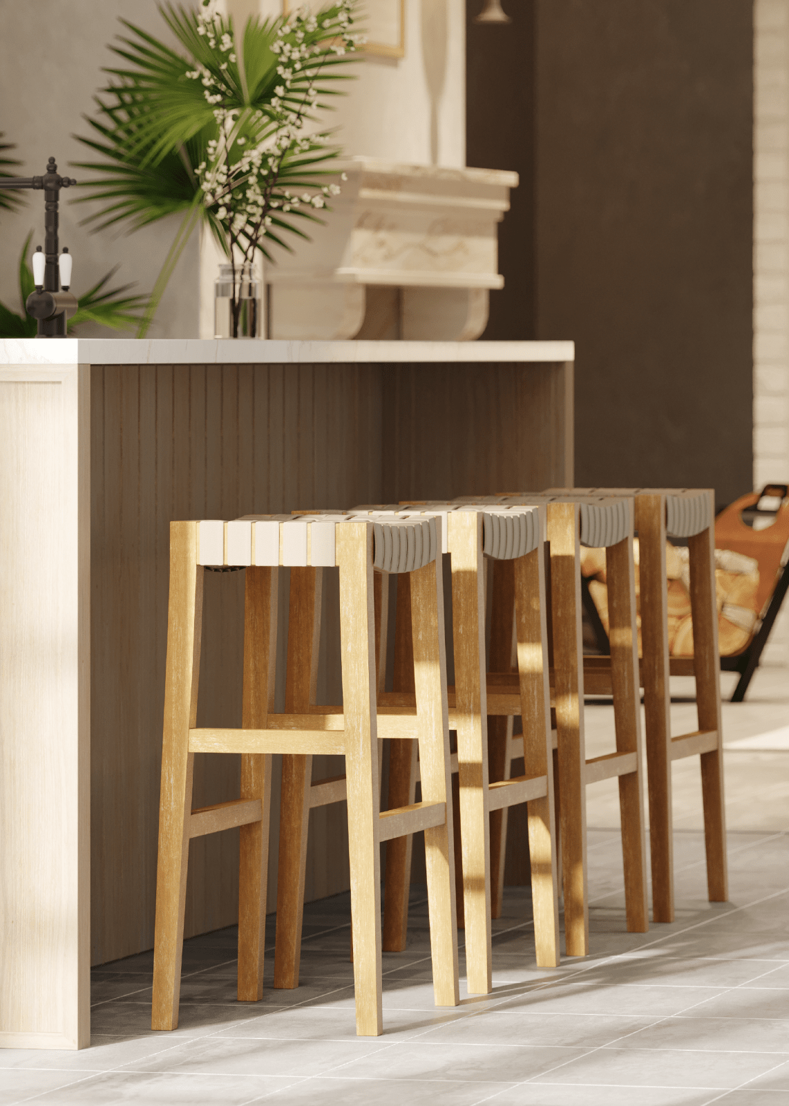 31" Emerson Bar Stool in Weathered Natural Wood Finish with Avanti Bone Vegan Leather in Stools by Maven Lane